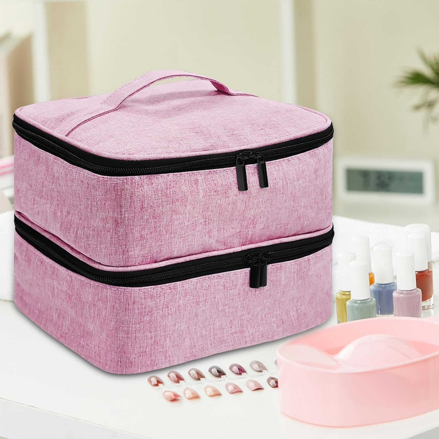 Eigell Carrying Tote Bag,Storage Bag Travel Nail Polish Organizer Case Zipper Pocket for Makeup,Nail Lamp,Nail Polish Kits,Gel Nails, Pink image number 2