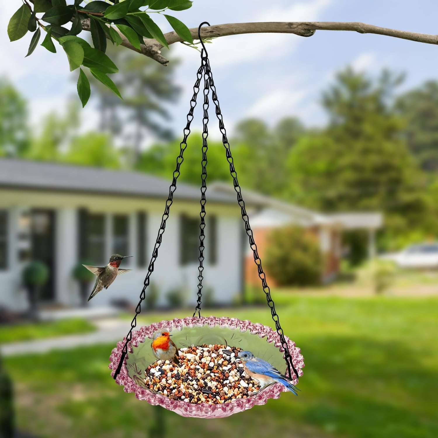 Flower Shaped Hanging Bird Bath Bowl with Metal Chain, Hanging Bird Feeder and Birdbath,Round Bird Flower Shaped Bird Feeder and Bath Bowl with Chain image number 1