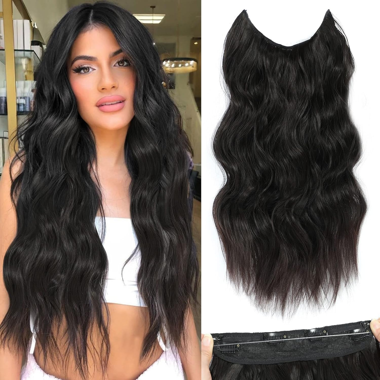 BUPPLER Halo Hair Extensions 12 Inch Invisible Wire Hair Extensions Adjustable Long Wavy Hairpiece Synthetic Upgrade 4 Secure Clips in Hairpieces 12 Inch,Light Brown