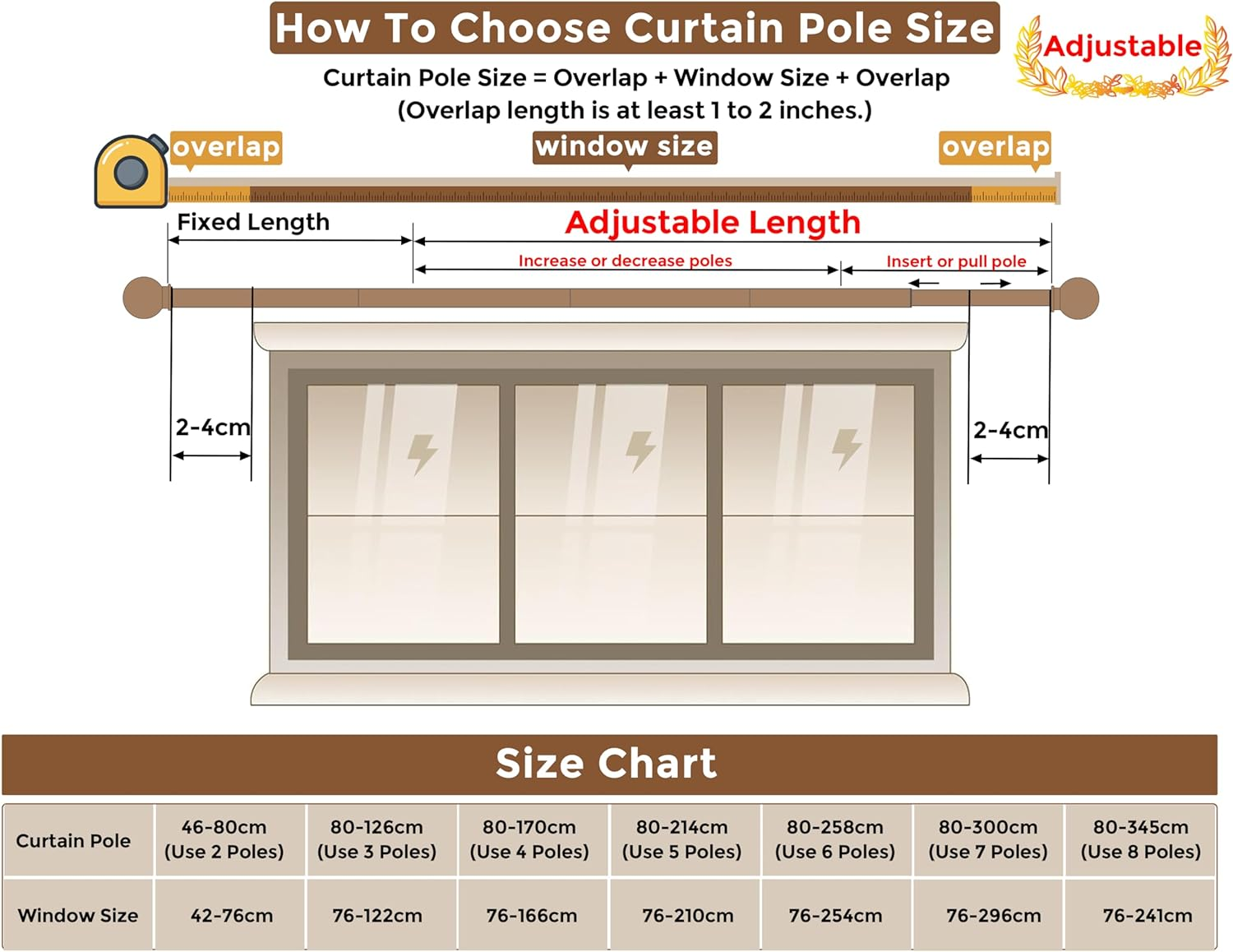 Extendable Curtain Rods, Scope of Retractable 32-64 or 67 Inch Max, Black Curtain Rods for Windows 28 to 63 Inch image number 3