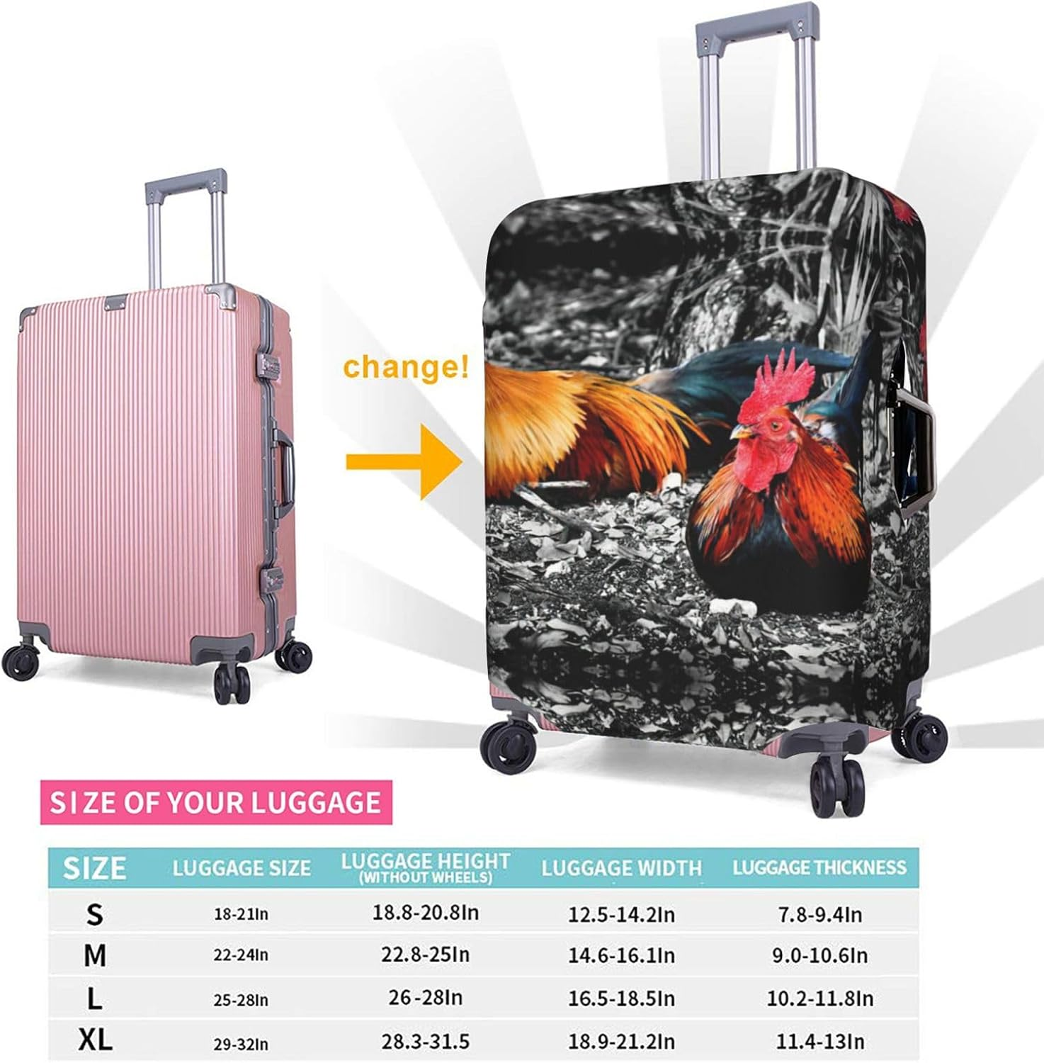 Odddot Chicken Rooster Print Travel Luggage Cover,Suitcase Protector Cover, Washable Baggage Covers,For 18-32 Inch Luggage, Chicken Rooster, Large
