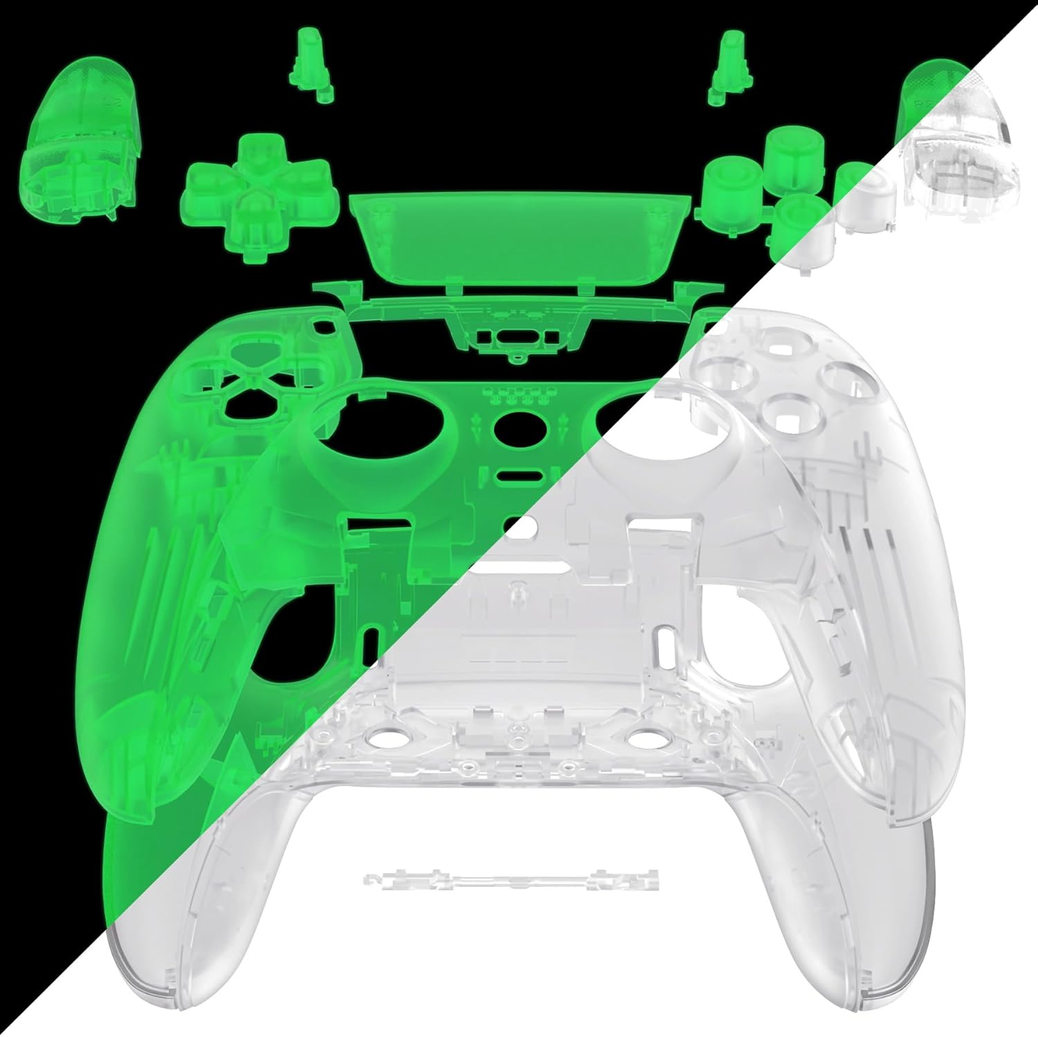 Extremerate Full Set Shell with Buttons Touchpad Compatible with P S 5 Edge Controller, Glow in Dark - Green Replacement Decorative Trim Shell Front Back Plates Compatible with P S 5 Edge Controller - Clear image number 5