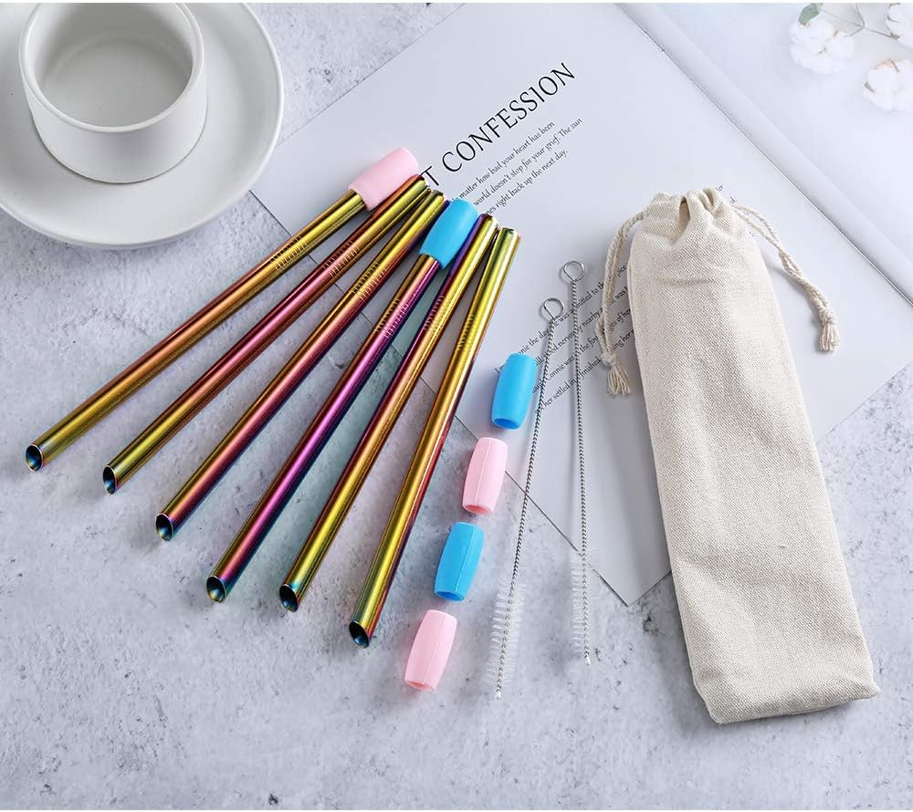 6 Pcs Reusable Bubble Tea Straws, Boba Straws 12Mm Wide Stainless Steel, Angled Tips Metal Straws for Bubble Tea, Milkshakes, Smoothies with Cleanning Brush & Case (Rainbow) - Rainbow image number 3