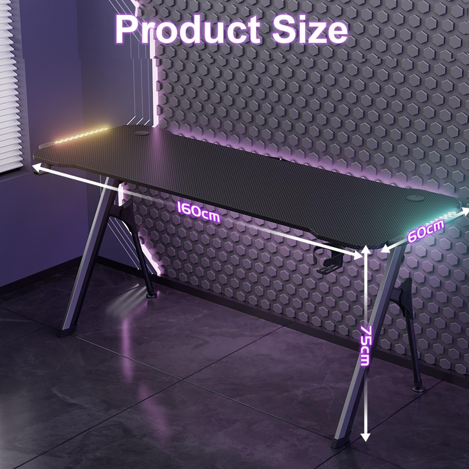 Gaming Desk Computer Desk: 160Cm LED RGB Light Home Desk Study Desk with Carbon Fiber Surface Video Game Table with Cable Management Box, Cup Holder, Headphone Hook and Mouse Pad (TD-02) - Td-02 image number 4