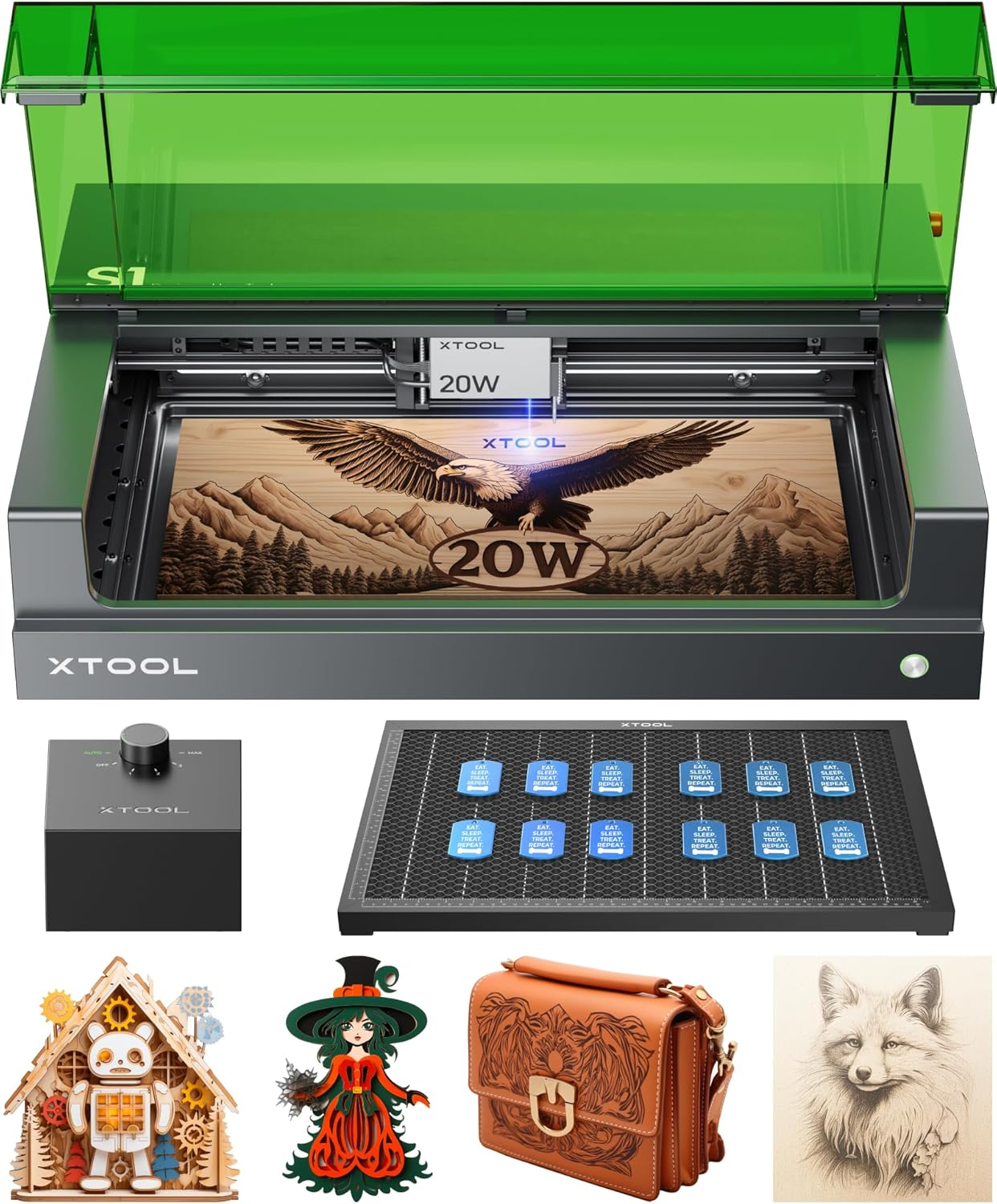 Xtool S1 20W Laser Engraver and Cutter Machine with Air Assist & Honeycomb, 23.93" X 15.16" Bed Size, Beginner-Friendly, Laser Engravering Machine for Wood and Metal, Acrylic, Etc. (20W, Basic Kit)