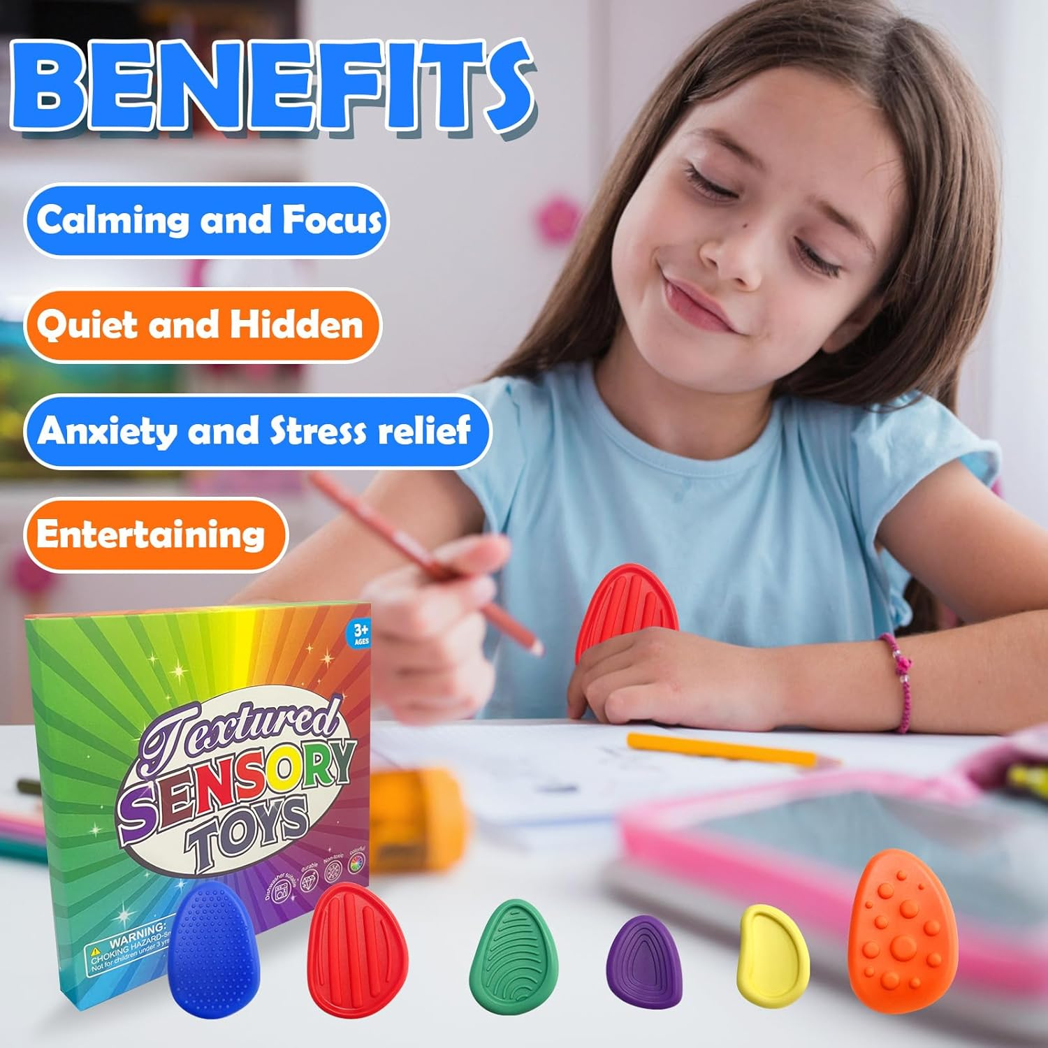 Sensory Fidget Toys Stone for Kids, 6 PCS Textured Soft Worry Stone for Autism Kids Calming Down, Fidget Stress Toys for Student Anxiety Relief,Small Prize