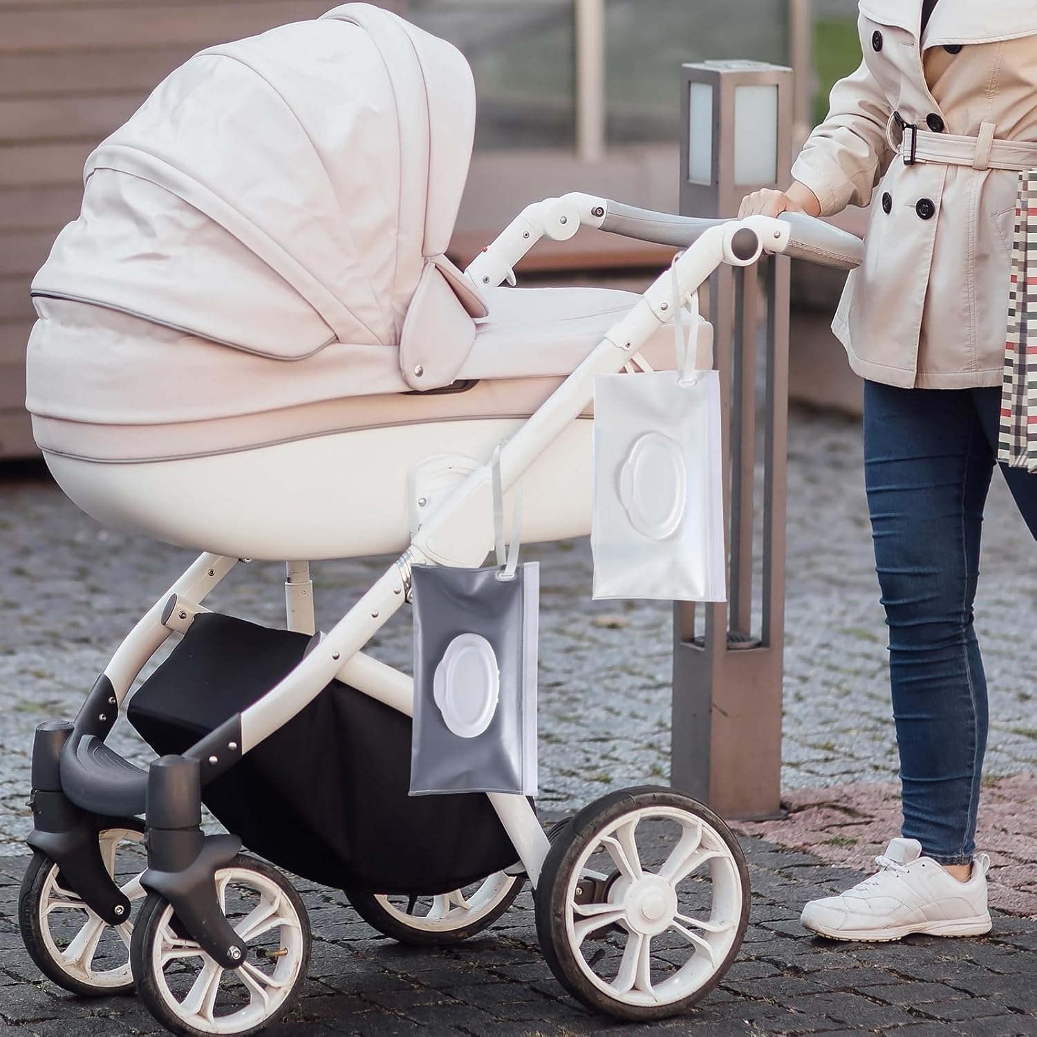 Reusable Wipes Pouch 2 Pack Portable Refillable Wipe Container, Waterproof and Dustproof Travel Wipes Case Baby Wipes Dispenser, Baby Wipe Holder Refillable for Travel (White & Gray) image number 6