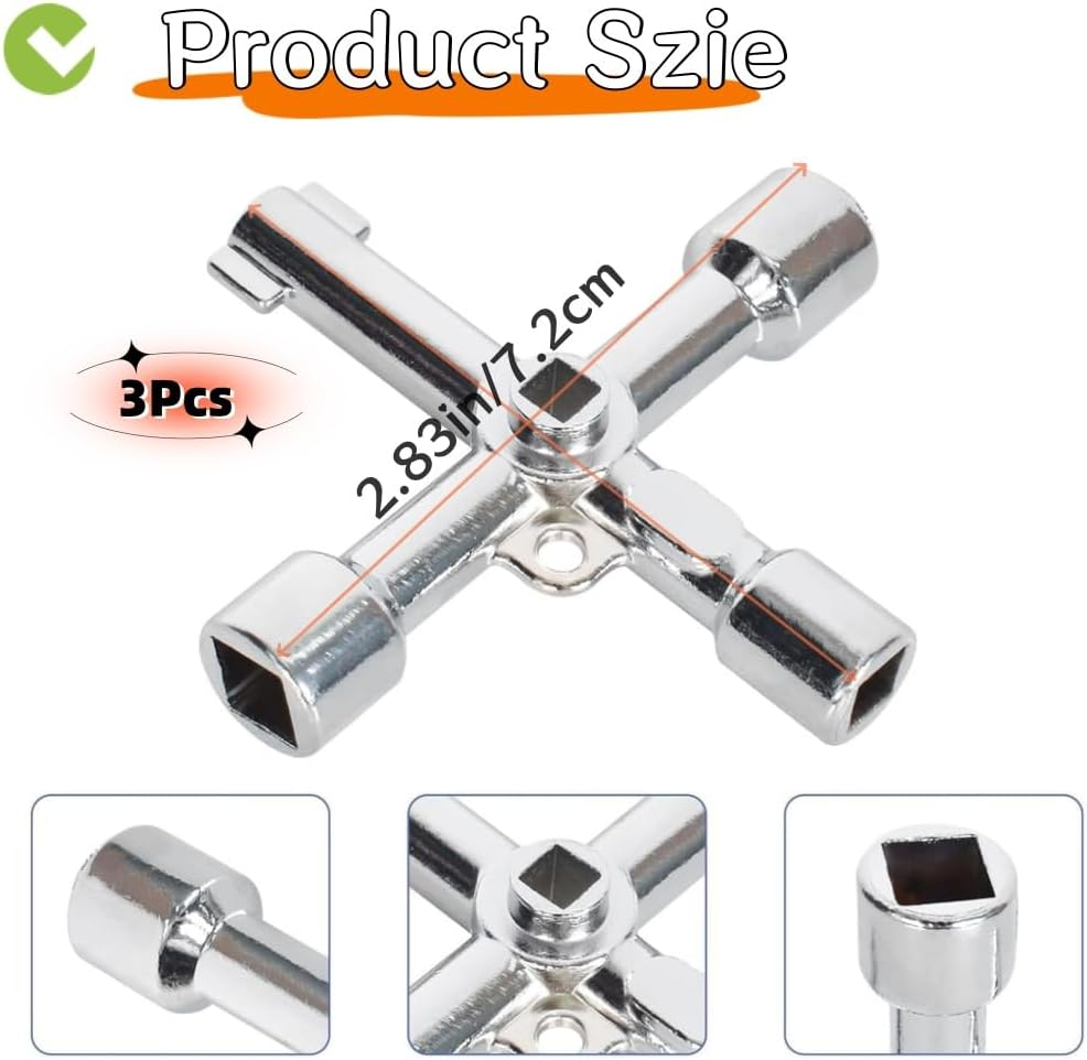 4-Way Multi-Functional Utilities Key,Plumbing Key Wrench,Electric Cabinet Keys,Electricians Tools for Water Meter Valve Electric Box Cupboard Cabinet(3Pcs,Silver) image number 3