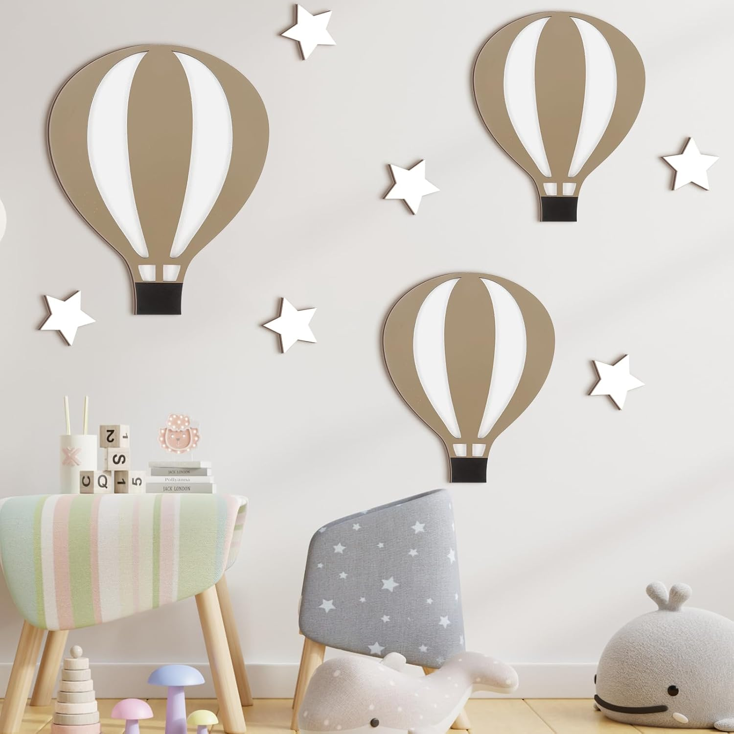 Soaoo 9 Pcs Hot Air Balloon Decorations Nursery Wall Decor Boho Wooden Sign Baby Shower Decorations for Bedroom Classroom Playroom Wall Art image number 6
