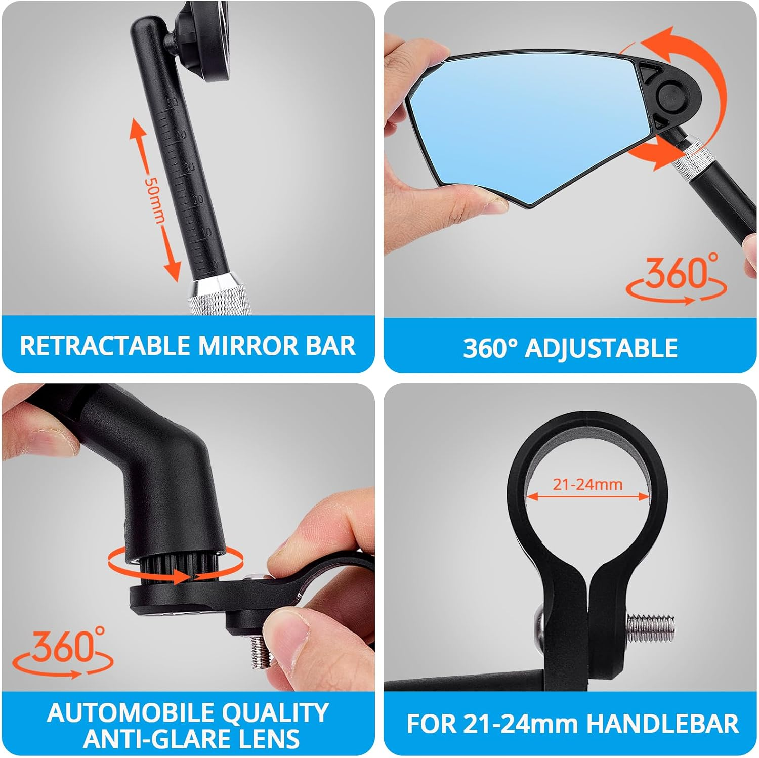 Retractable Bike Handlebar Rear View Mirrors 2 Pack - 360 &deg; Adjustable Flat Rotation Anti-Glare Glass Lens Bicycle Rearview Mirror, for the Bicycle Ebike Scooter 21-24Mm Handlebar image number 4