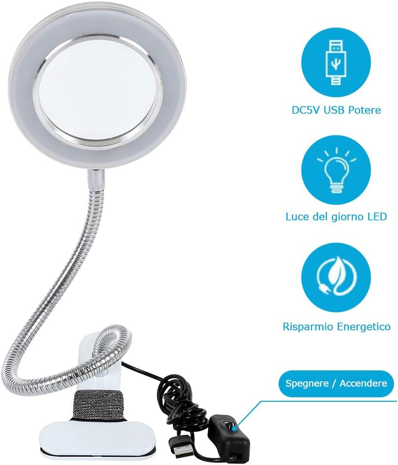 LED Magnifying Lamp with Clamp, 8X Magnifying Lamp Flexible Gooseneck LED Desk Lamp,Usb Powered LED Magnifying Glass with Light for Tattoo, Reading, Crafts and Sewing image number 2
