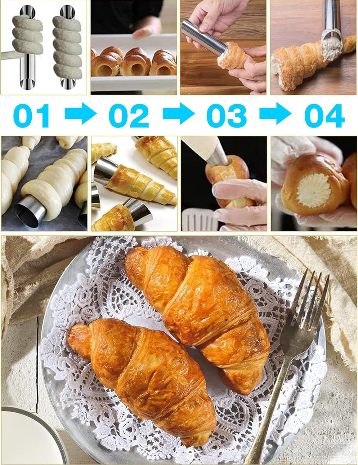 23PCS Cannoli Tubes Set, Spiral Tube Baking Tool, Stainless Steel Cream Horn Molds, Rotary Croissant Pastry Mold Non-Stick Danish Pastry Molds for Cream Roll Baking Cookie Dough (23) image number 5