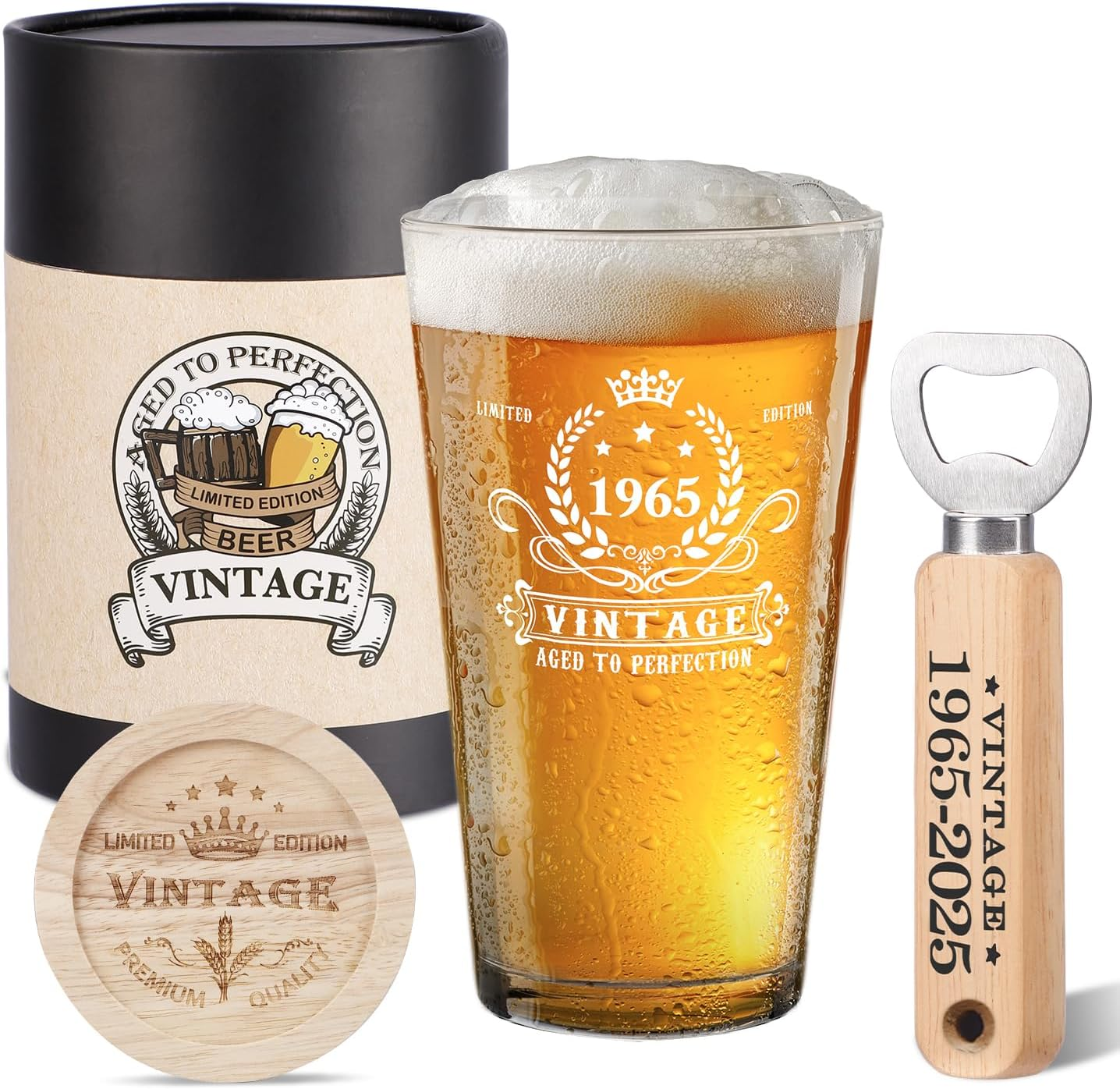 60Th Birthday Gifts for Men, Vintage 1965 Beer Glass, Wooden Bottle Opener, Vintage Beer Gift Box, Wooden Coaster and Greeting Card, 60Th Birthday Gift Ideas for Men image number 3