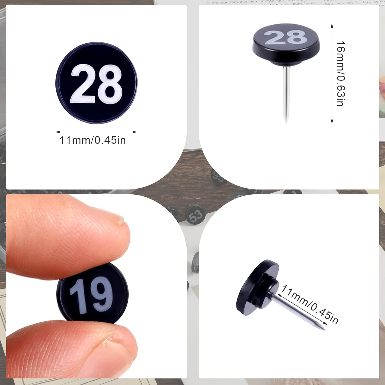SAVITA 100Pcs Number Push Pins, Black Pins Plastic Flat Head Thumb Tacks with White Number from 1 to 100 for Maps Presentations Photos Posters Gallery Exhibits image number 6