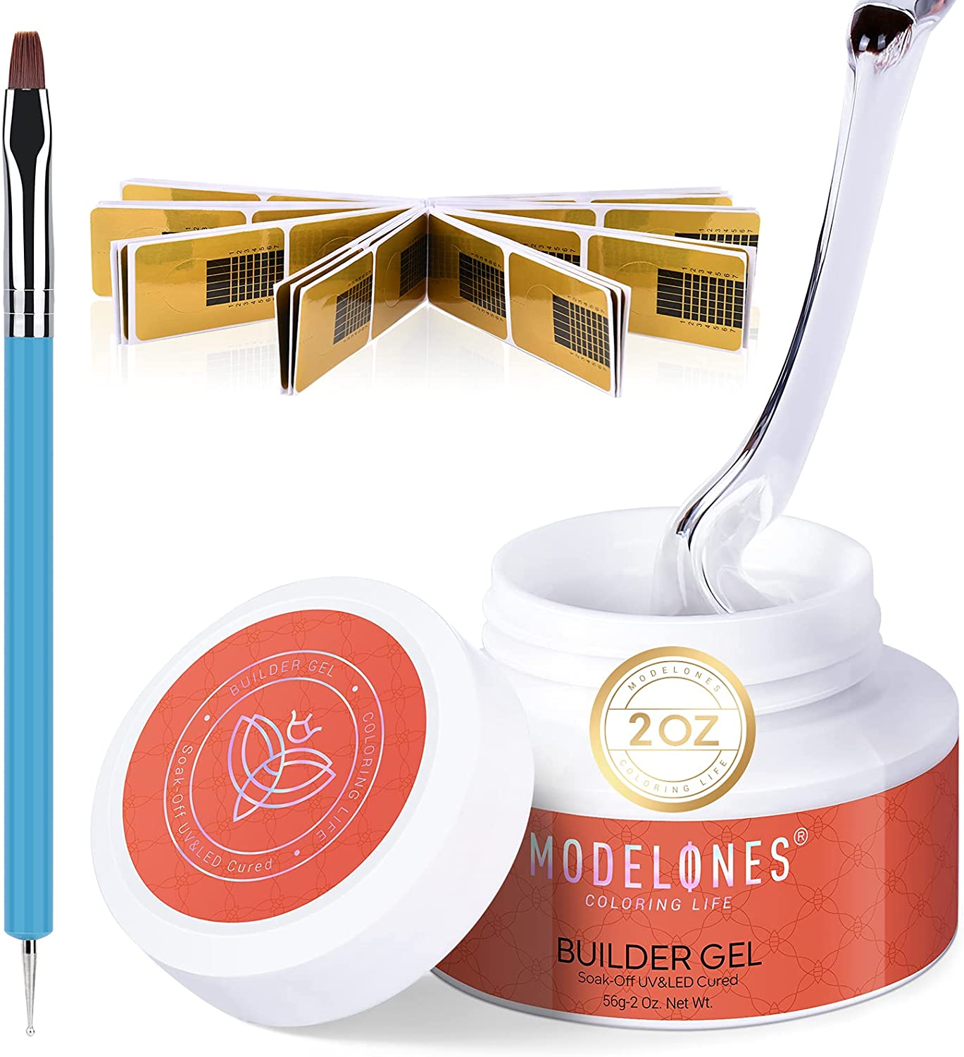 Modelones Builder Nail Gel - 2Oz Clear Hard Gel for Nails, Nail Extension Gel Nail Kit Acrylic Gel Nail Strengthen Gel Nail Art Manicure Set with 100PCS Nail Forms and Dual-Use Acrylic Nail Brush Professional DIY at Home