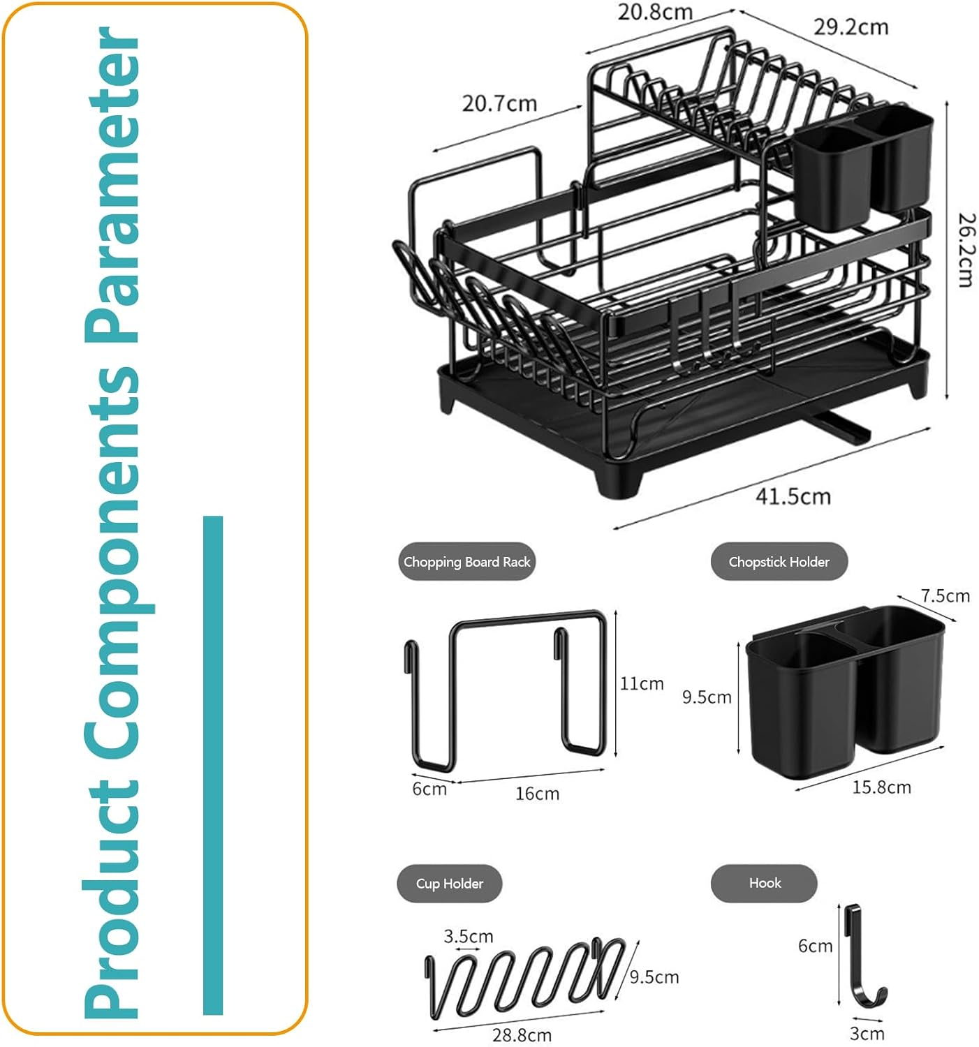 Dish Drying Rack, Kitchen Storage & Organisation - over Sink Dish Drainer with 360&deg; Rotating Drain Board, Cup Holder, Chopping Board Stand, Utensils Holder, Strong Carbon Steel Plate Rack image number 6