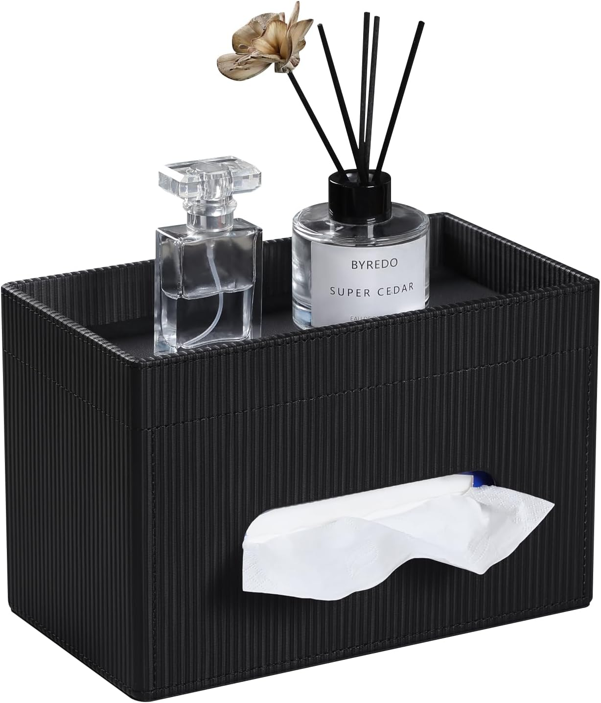 Cretkhp Rectangular Tissue Box Cover with Storage Tray, PU Leather Tissue Box Holder for Bathroom Vanity Countertop Night Stands Bedroom Office Desk, Stylish Tissue Holder Decorative Organizer (Black)