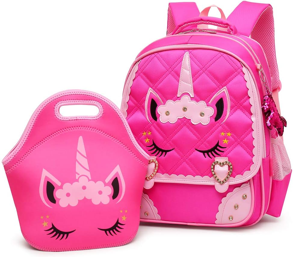 Moonmo Cute Unicorn Face Diamond Sequins Waterproof Princess School Backpack Set Girls Book Bag