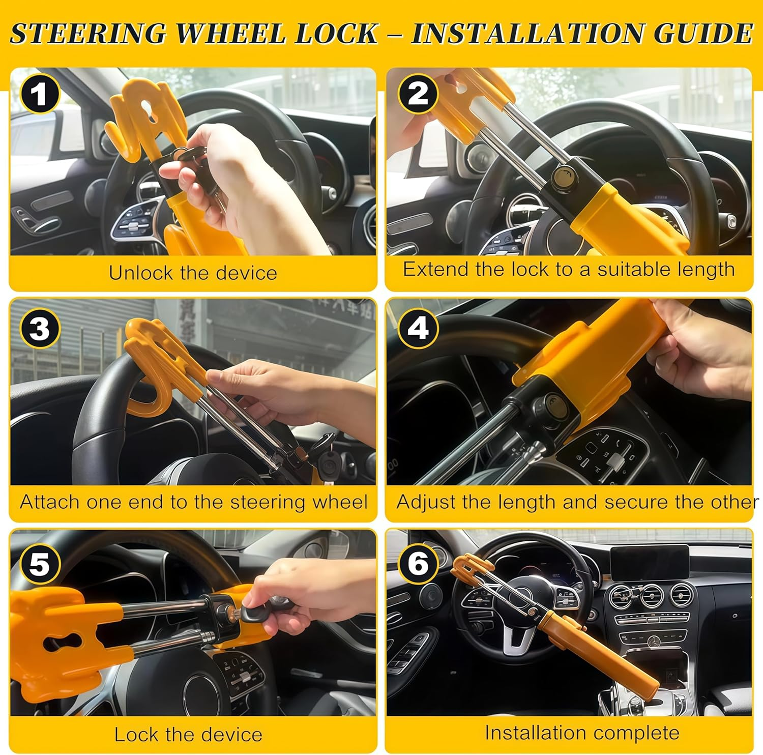 Upgraded Car Steering Wheel Lock, Multifunctional Anti-Theft Lock Device, Easy to Installation, Adjustable Length 20Cm with 2 Keys, Suitable for Most Cars, Suvs, Trucks, Vans, and Sedans...(Yellow) image number 3