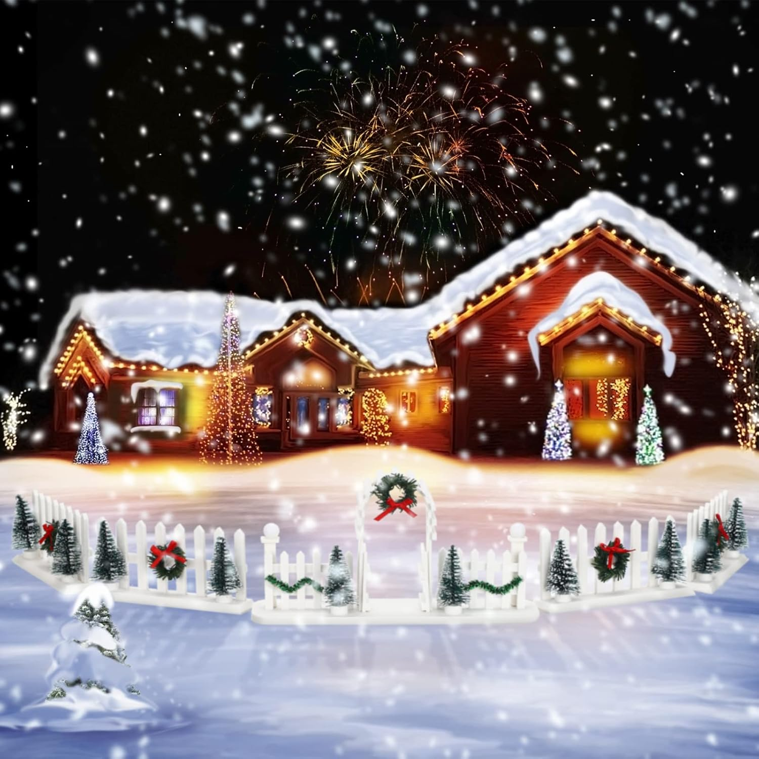 5 Pcs Christmas Village Decorative Fences Entry Gate Lit Figurine Christmas Wreath Tree Picket Fence Snow Accessories for Village Collections Snow Fence Figurine（White Series） image number 5