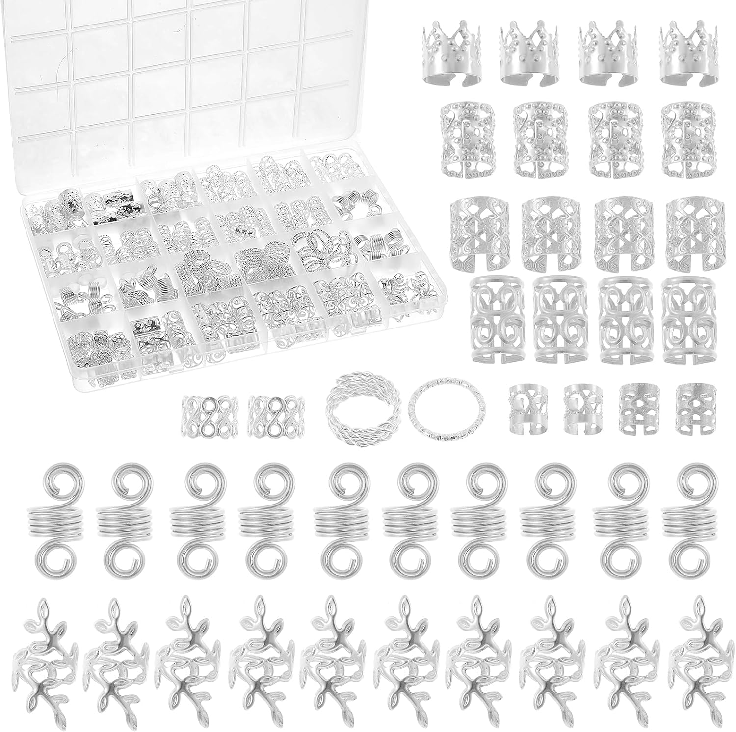 Pack of 220 Dreadlocks Hair Accessories, Silver Hair Rings, Metal Hair Beads, Clips, Adjustable Metal Braids Accessories for Women, Girls, Hair Braid Decoration image number 5