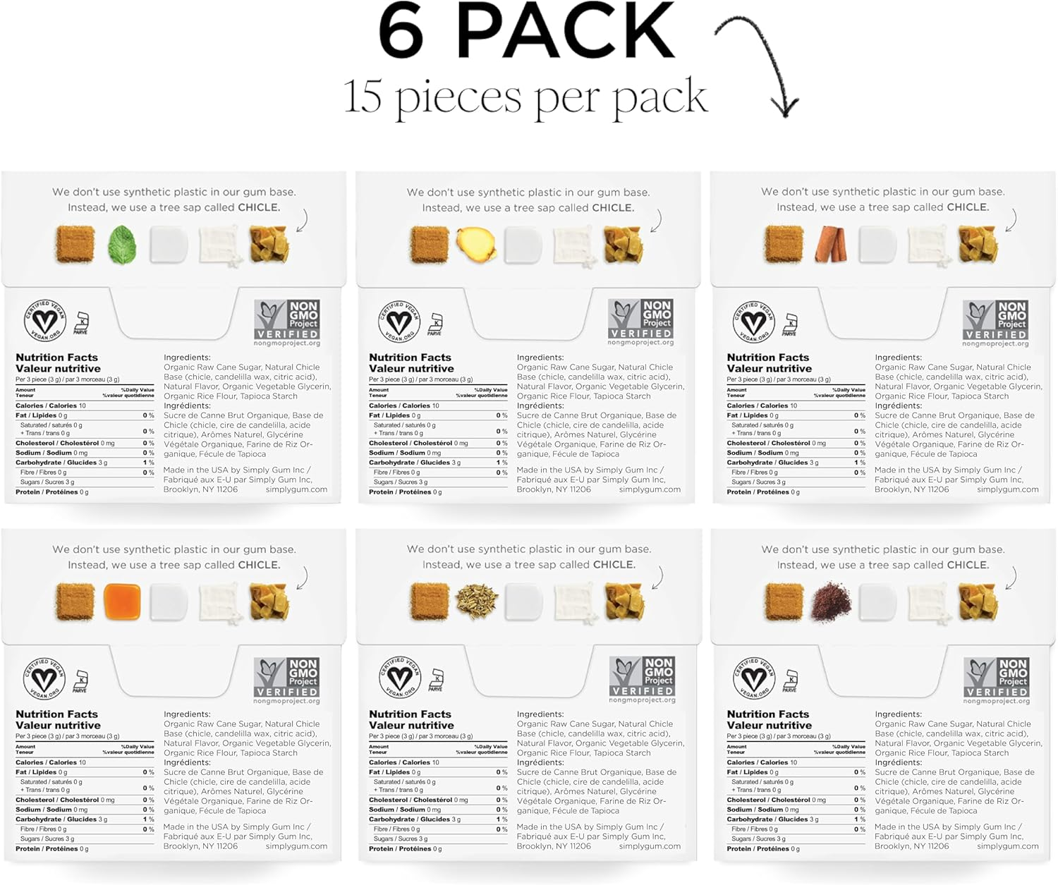 Simply Gum | Natural Chewing Gum | Variety Pack - Peppermint, Cinnamon, Ginger, Fennel, Maple, Coffee | Plant-Based + Plastic-Free + Aspartame-Free | Pack of Six (90 Pieces Total) (Variety (Original)) image number 6