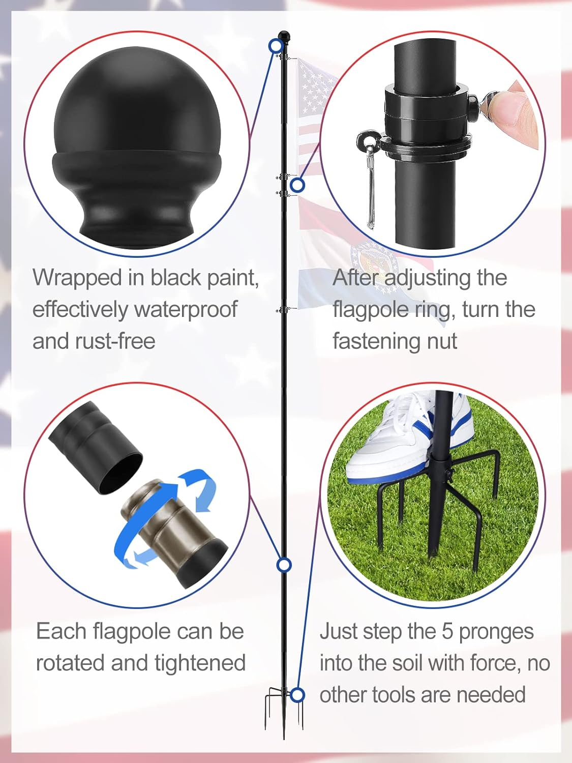 Acostop 10 FT Heavy Duty Flag Poles in Ground with 5 Pronges Base- Extra Thick Flag Pole Kit for Yard, Fit for 2 Flags- Windproof Ground Flag Poles for outside House Residential or Commercial, Black image number 3