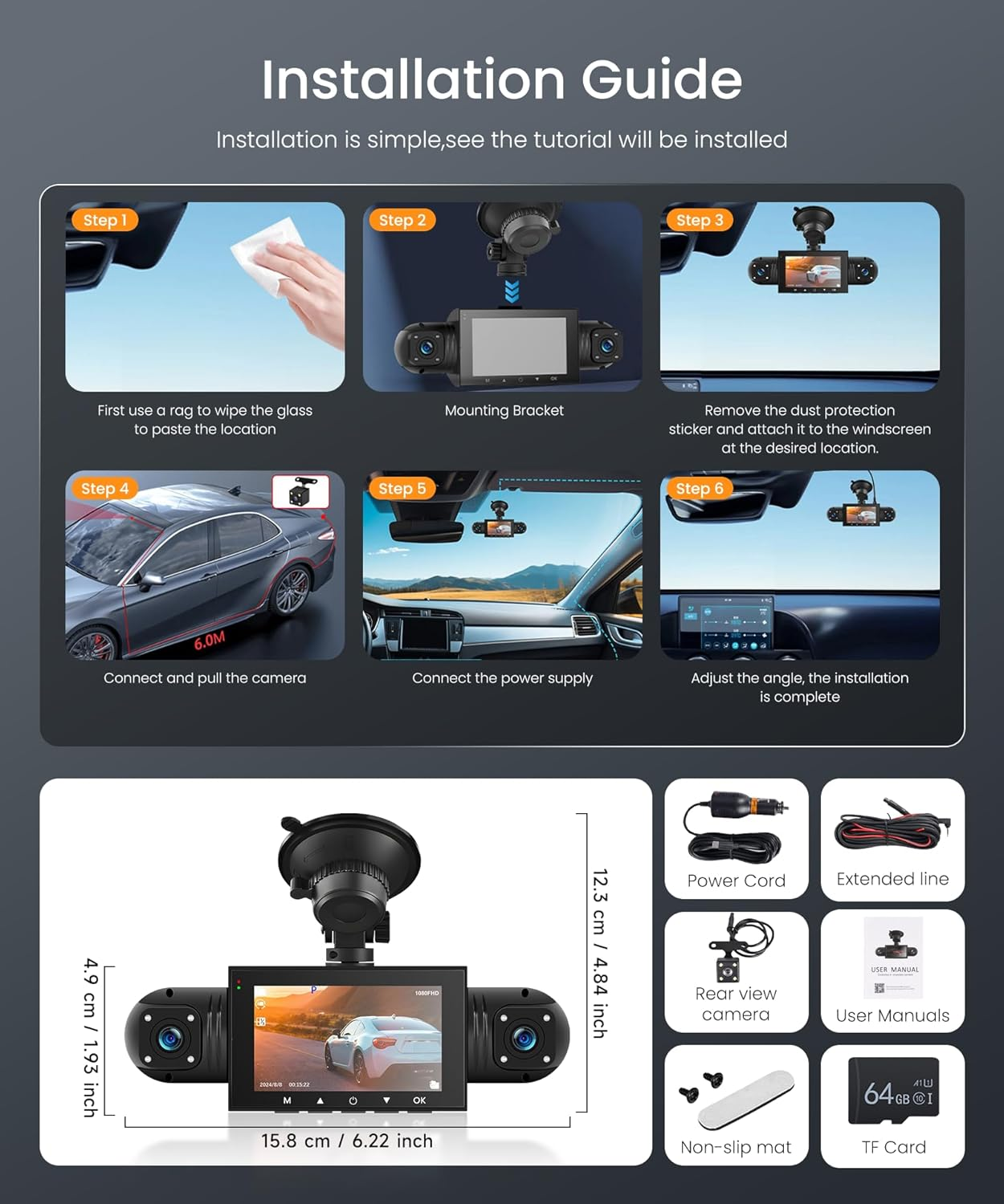 Wifi Dash Cam 4 Channel 360&deg; Car Recorder Front and Rear inside Side, 3 Inch 1080P DVR Camera with 480 Rear Pull + G-Sensor, Rearview, Night Visio, Loop Record, 24H Parking Watch image number 2