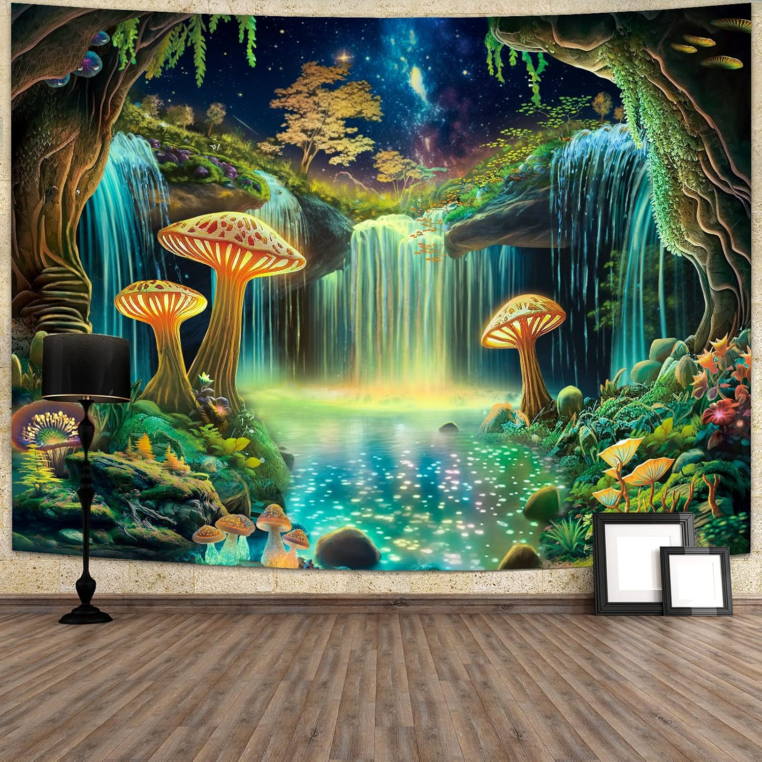 Blacklight Fantasy Forest Tapestry UV Reactive Waterfall Tapestries Starry Sky Tapestry Neon Nature Plant Wall Hanging Decor for Home image number 5