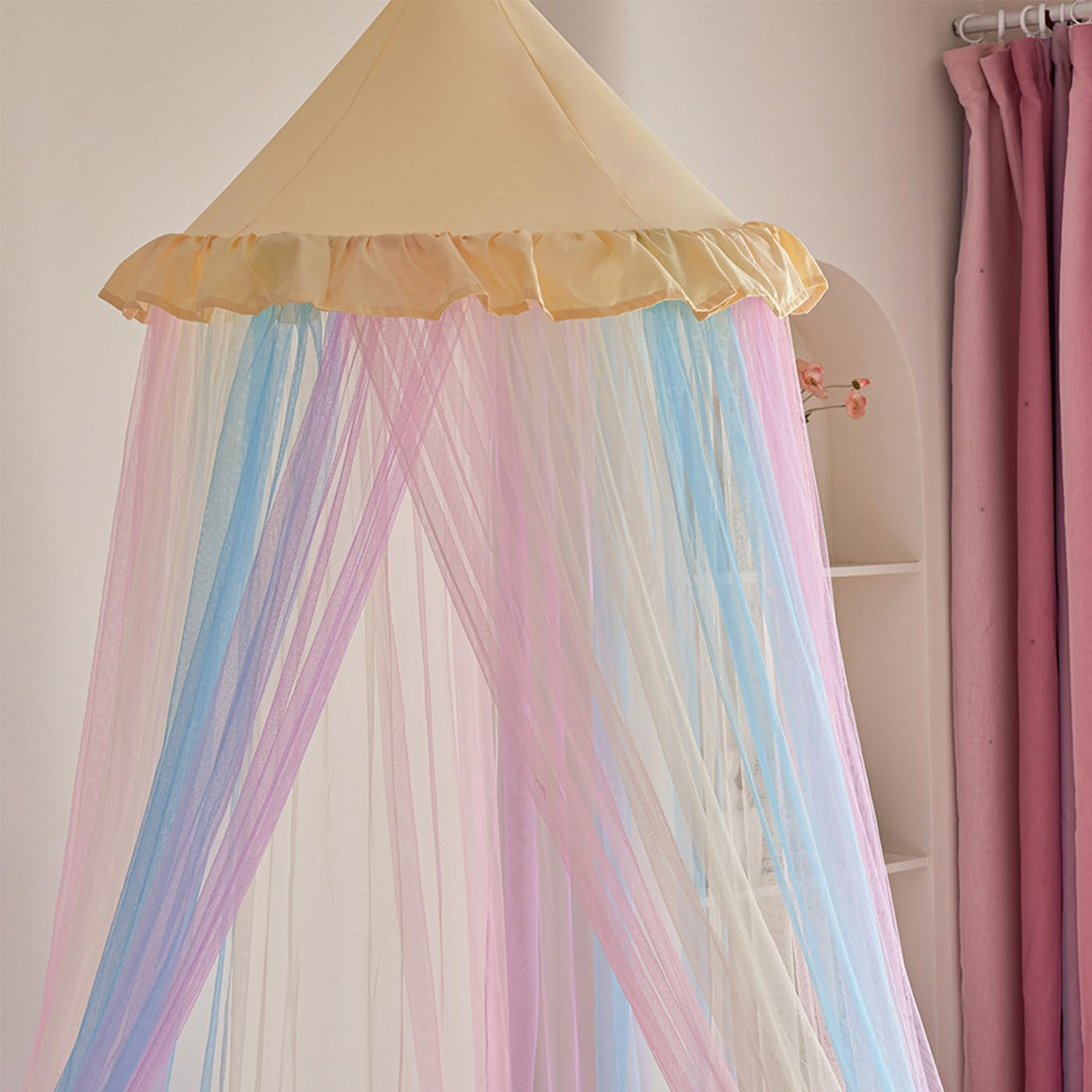 Rainbow Bed Canopy for Girls, Ruffles Mosquito Net with Dust-Proof round Dome Kids Dreamy Princess Bed Canopy Netting Room Crib Bed Curtains Camp Decor Accessories Child Reading Corners Ceiling Tent - Triangle image number 3
