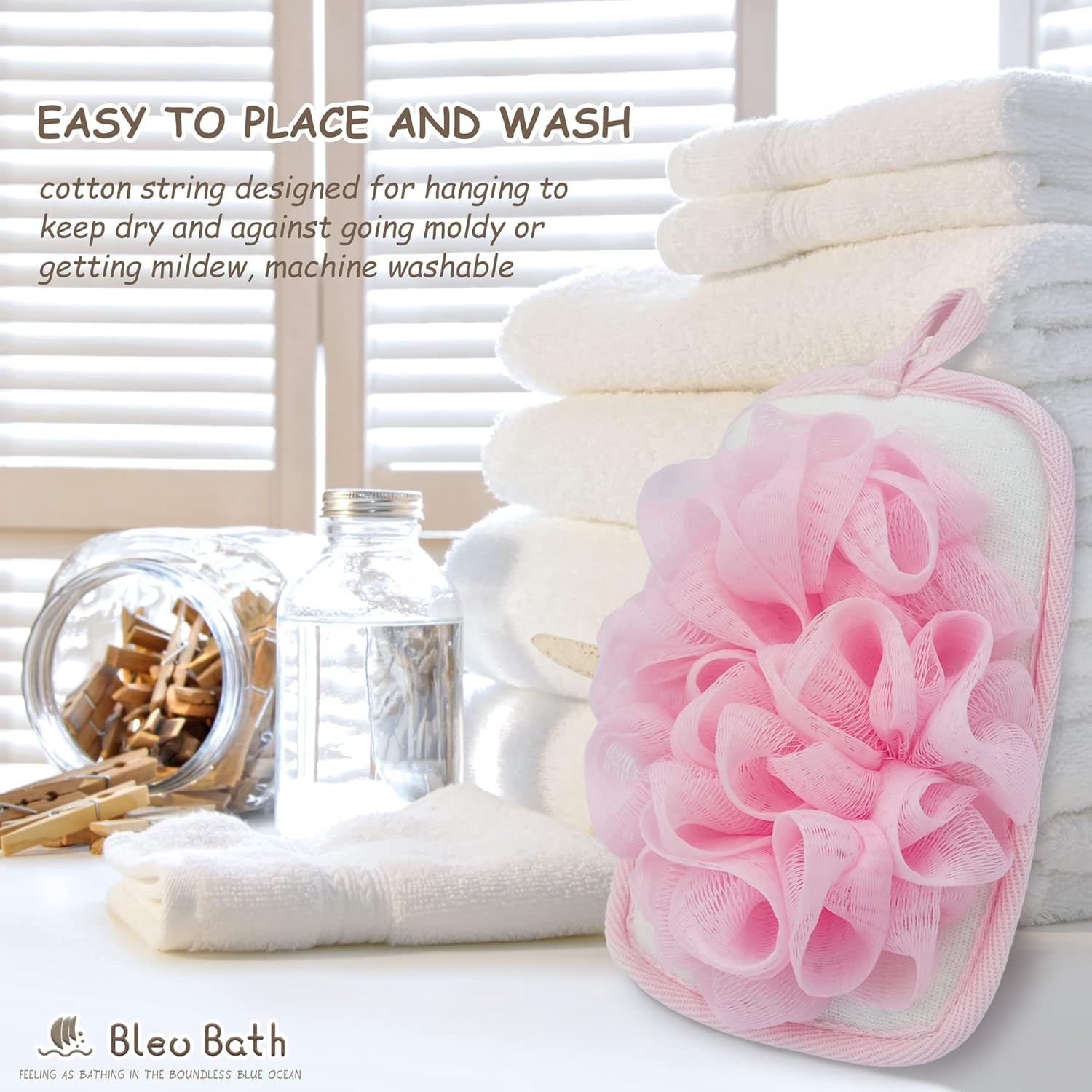 Bleu Bath (2 Pack) Exfoliating Bath Sponge Body Loofah Mitt Pad Shower Pouf Elastic Hand Strap Mesh Sponge Shower Scrubber image number 5