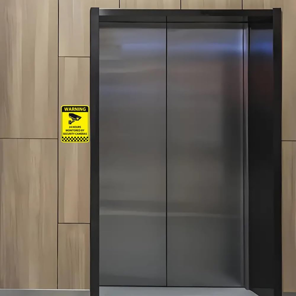 CCTV Signs Video Surveillance Sticker 24 Hours Video Recoding Sticker Self-Adhesive No Trespassing Warning Sign for Window Door Business (Yellow 2Pack) image number 4