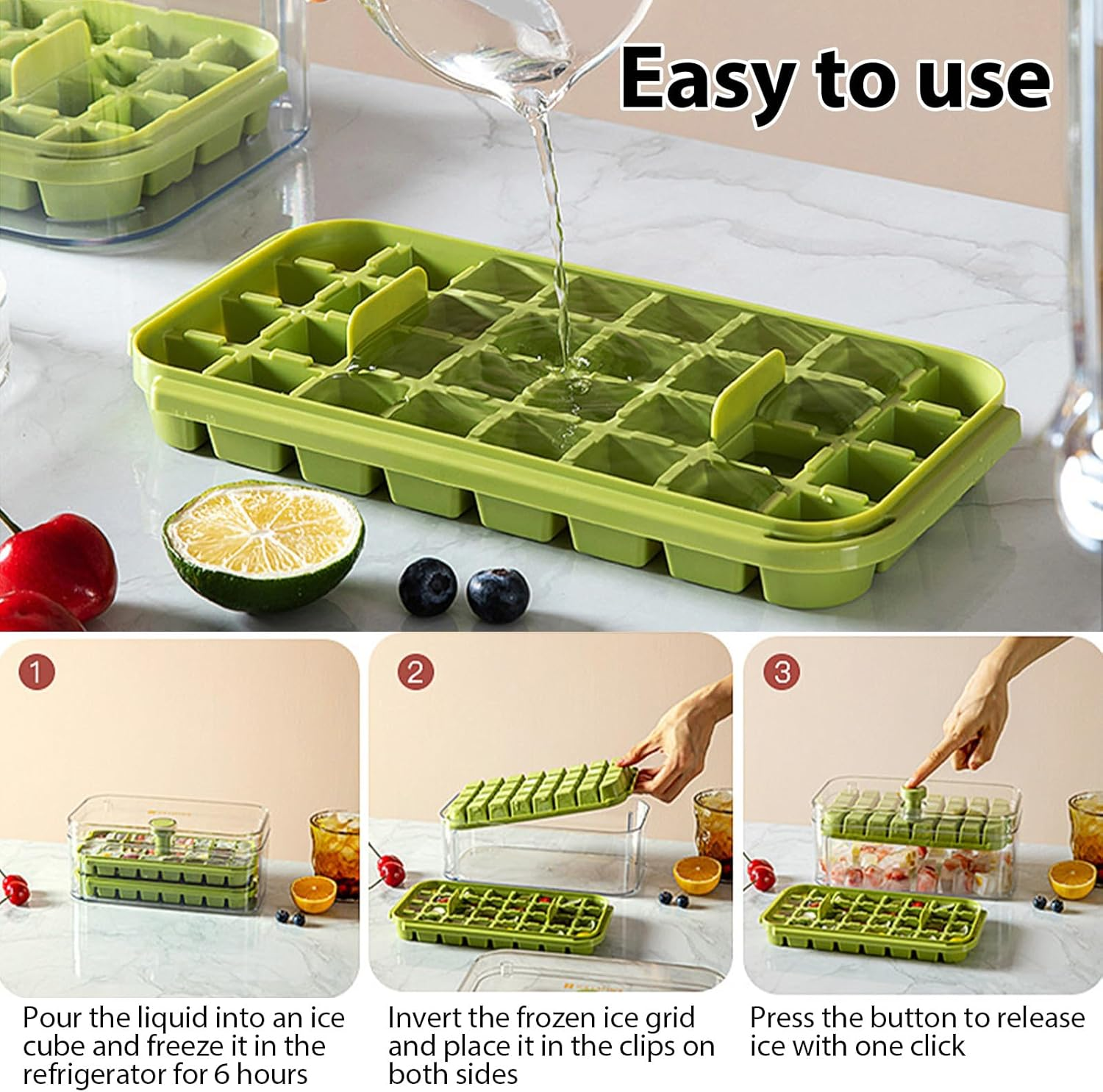 Ice Cube Tray with Lid and Bin, Ice Cube Tray, Easy Release, 64 Pcs Cube Tray, Large Capacity Tray Holder image number 2