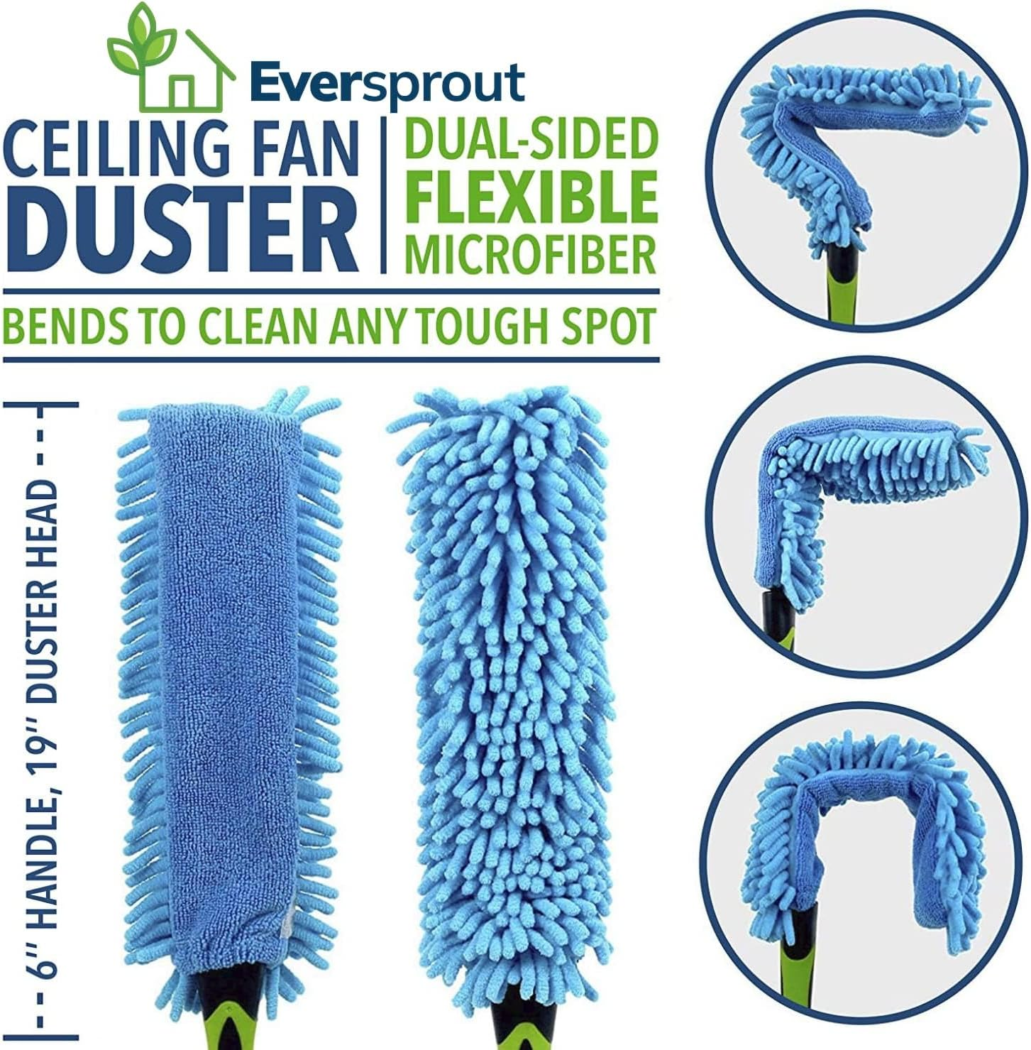 EVERSPROUT 1.5-To-4.5 Foot Flexible Microfiber Ceiling & Fan Duster | 8-10 Ft Standing Reach | Bendable to Clean Any Fan Blade | Removable & Washable Brush Head | Premium Lightweight Extension Pole