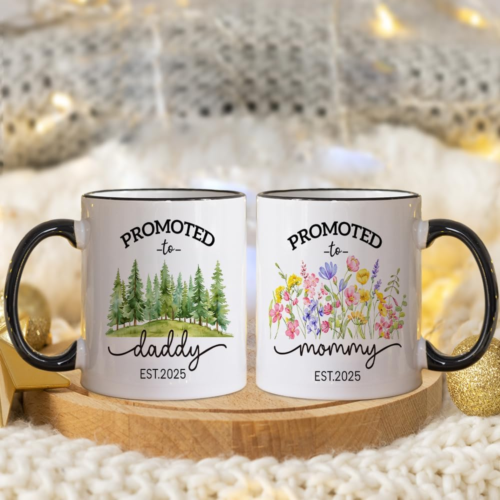 Promoted to Parents Mommy Daddy 2025 Mugs, New Parent Gifts for Couple,New Mom and Dad Gifts First Time 2025, Baby Announcement Coffee Mug Set, Mom and Dad Mugs image number 3