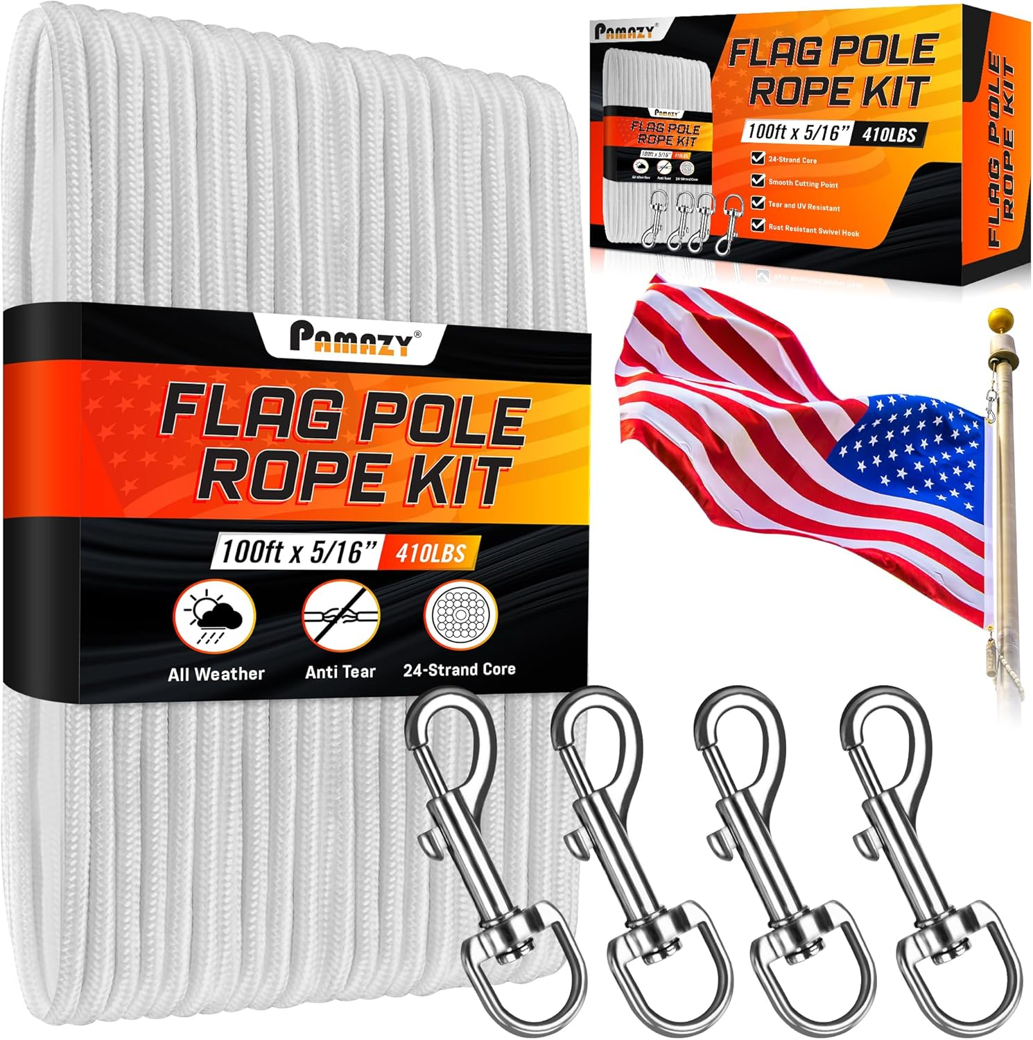 [Upgraded] 5/16&rdquo; 100Ft Flagpole Rope Kit with 4 Pcs 3.3&rdquo; Swivel Snap Hook - High Weight Bearing Anti-Tearing Utility Rope with Durable Zinc Alloy Swivel Hooks - Flag Pole Accessories Replacement Kit image number 3