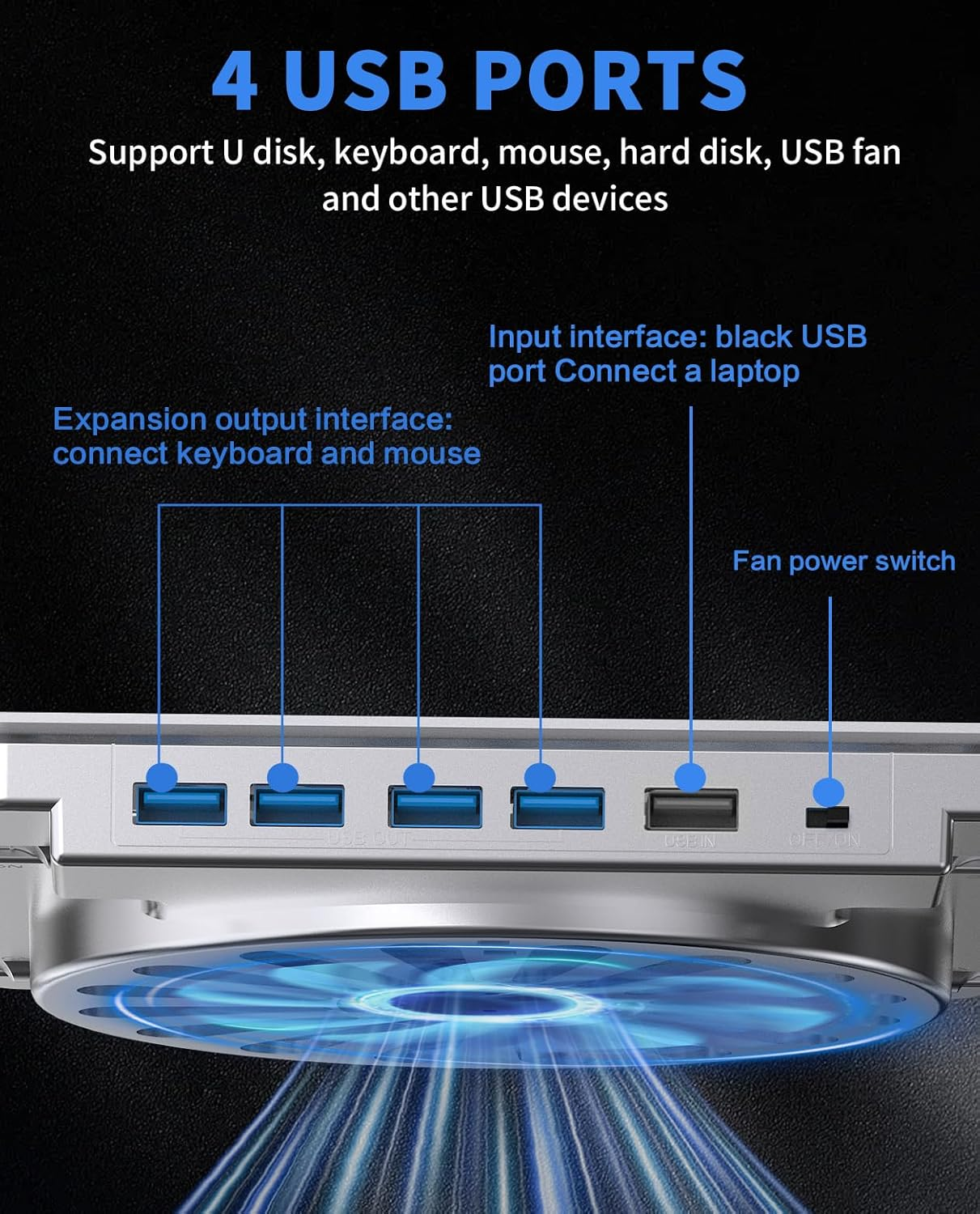 SOUNDANCE Laptop Cooling Pad with Upgrade Low-Noise Fan and 3.0 USB Hubs, Ventilated Laptop Cooler Prevent Overheating, Ergonomic Stand Support up to 17&rdquo; Gaming Notebook Computer, Aluminum image number 6