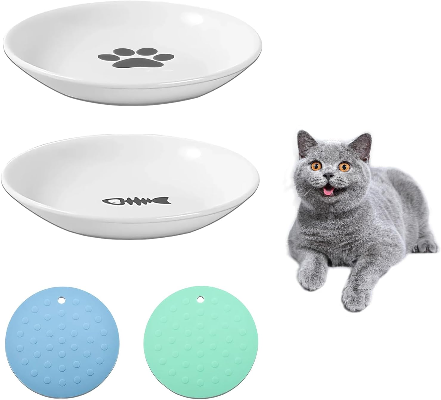 DYOUEN Pack of 2 Cat Ceramic Cat Bowl with Non-Slip Mats Cat Food Plate Non-Slip Mats Pet Bowl for Kittens and Small Animals image number 6