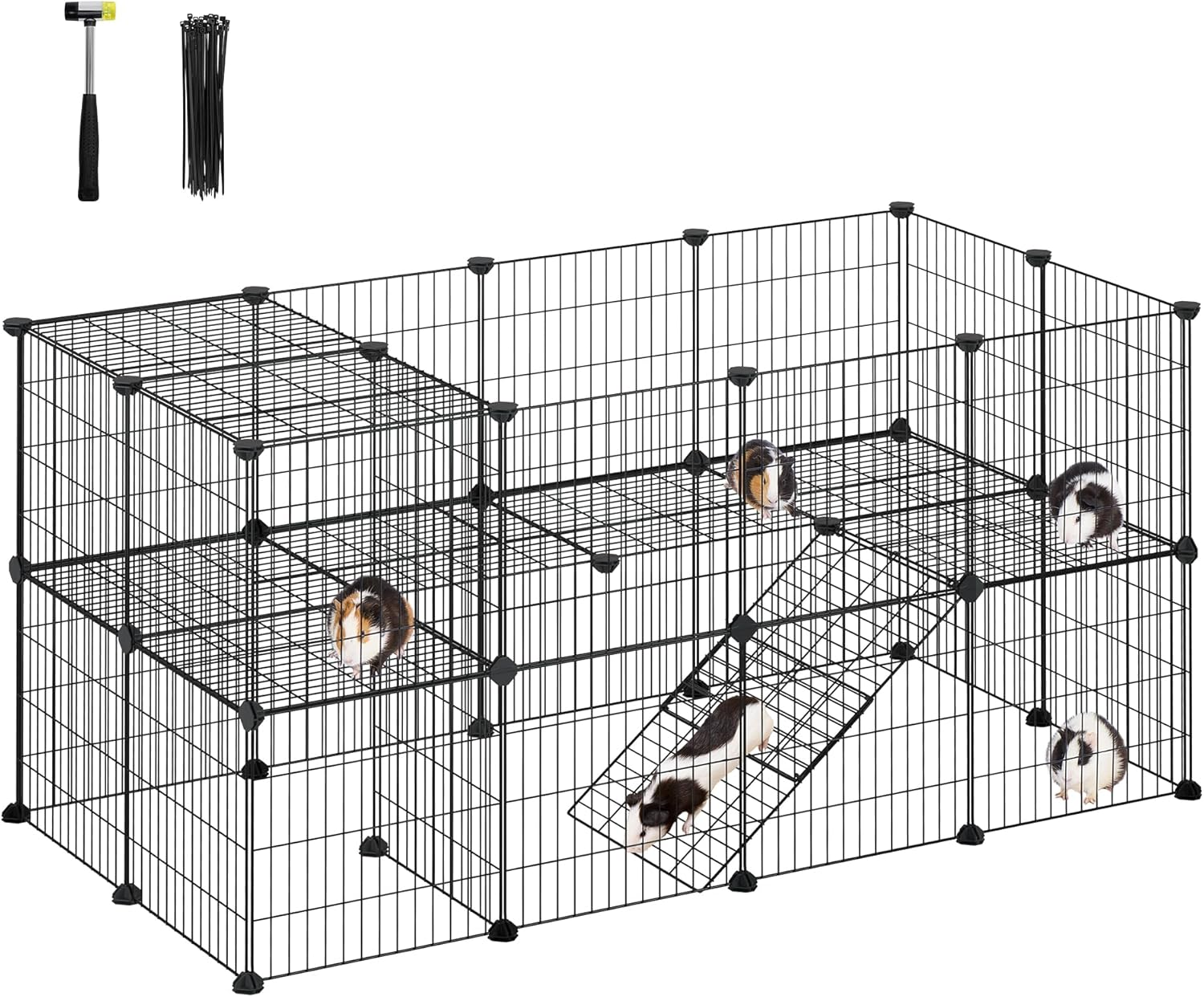 SONGMICS 2-Floor Metal Pet Playpen, 36 Grid Panels, Customisable Cage Enclosure for Small Animals, Guinea Pigs Hamster Runs, Rabbit Hutches, Includes Mallet, Indoor, 123 X 63 X 61 Cm, Black LPI002B01
