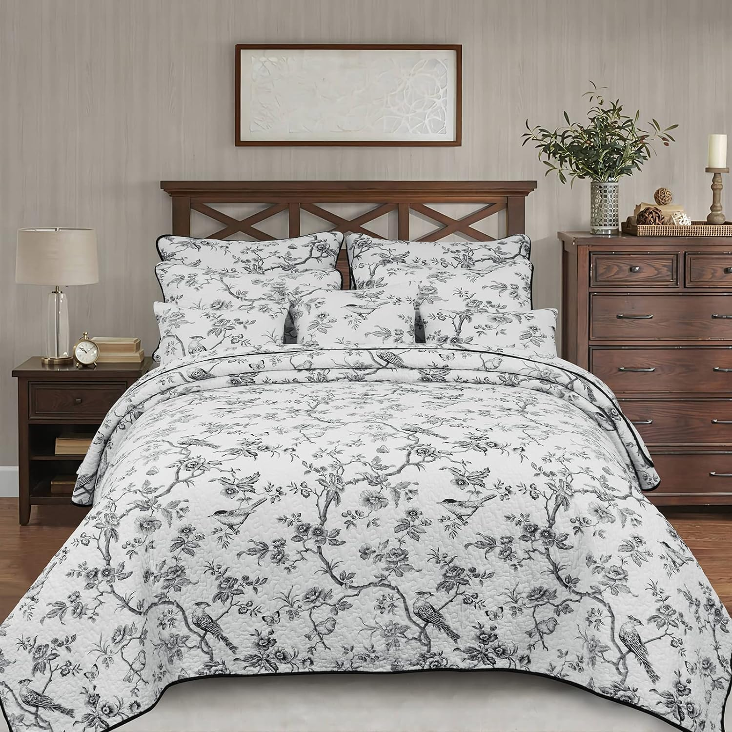 EVENHUG 100% Cotton Quilt King Size Black Bird Bedding Set Double Printing Lightweight Quilt Reversible Coverlet Bedspread with Pillow Shams All Seasons 3 Pieces (106"X96") image number 2