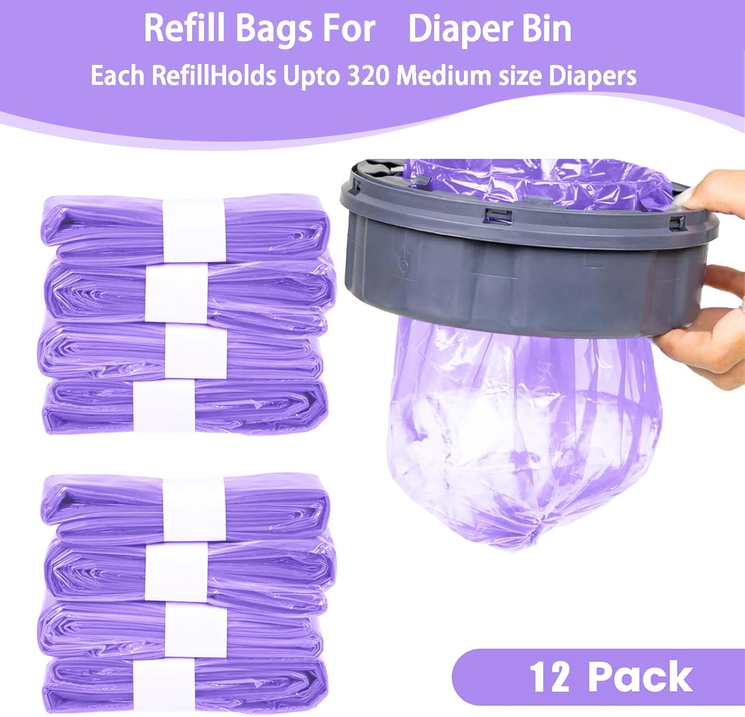 12-Pack Nappy Bin Refill Bags, 4.5M Baby Diaper Bucket Bag Liner Bucket, Eco-Friendly Odor-Proof Diaper Refill Box,Compatible with Angelcare/Tommee Tippee Twist & Click Sangenic (Purple) image number 3