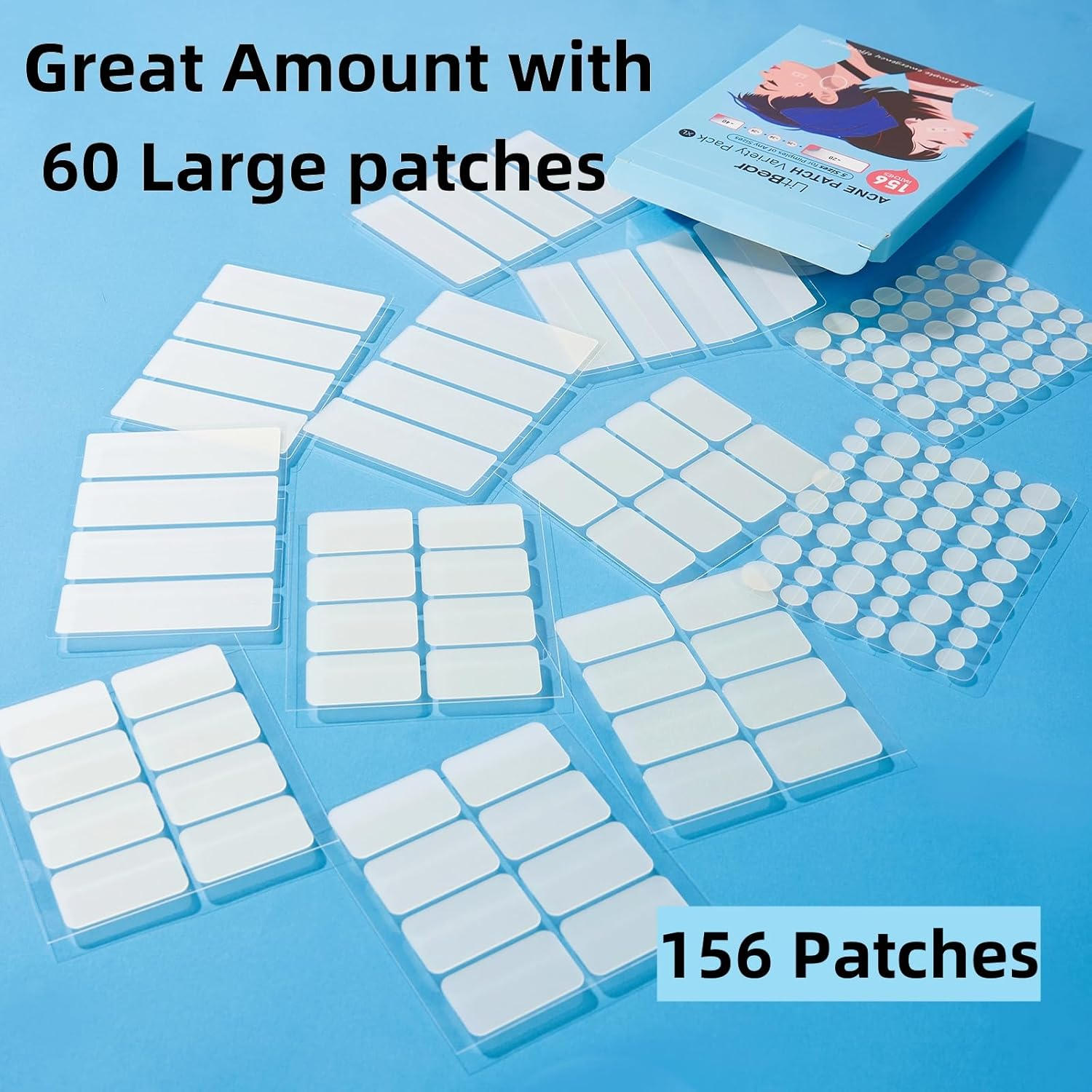 Litbear Large Pimple Patches, 5 Sizes 156 Patches Big Acne Patch, 60 XL Hydrocolloid Patch for Full Face, Forehead, Chin, Nose, Body, Back, Neck & Chest, Stirp, Square Large Hydrocolloid Bandages image number 3