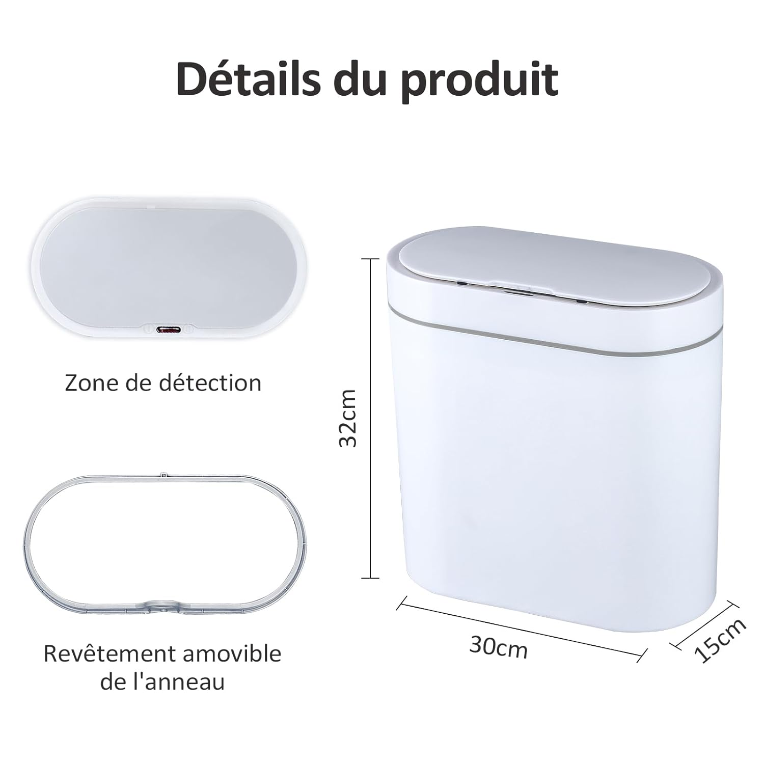 ELPHECO Bathroom Trash Can, 2.5 Gallon Waterproof Motion Sensor Small with Lids, 9.5 Liters Slim Plastic Narrow Automatic Bedroom Office , White image number 1