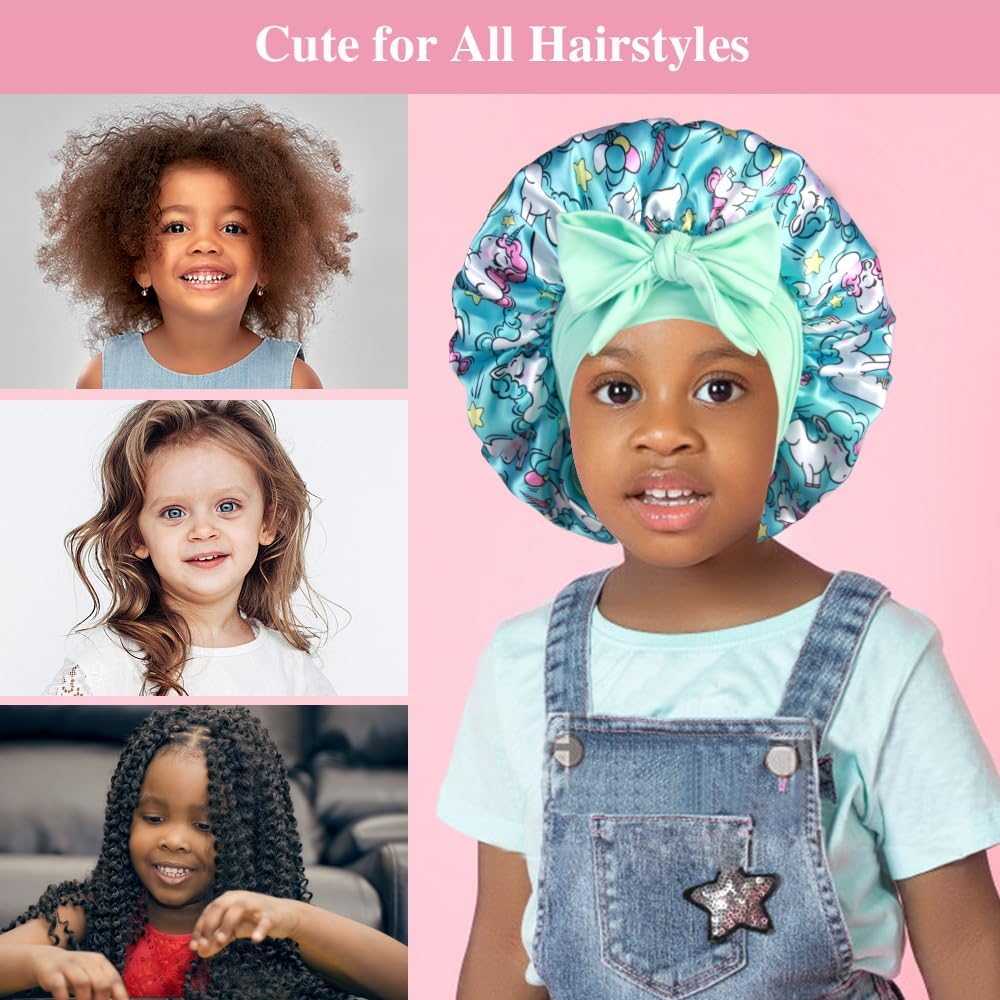 2+2 Satin Bonnets with Scrunchies for Kids, Cute Hair Bonnets for Girls Sleeping Curly Hair, E image number 3