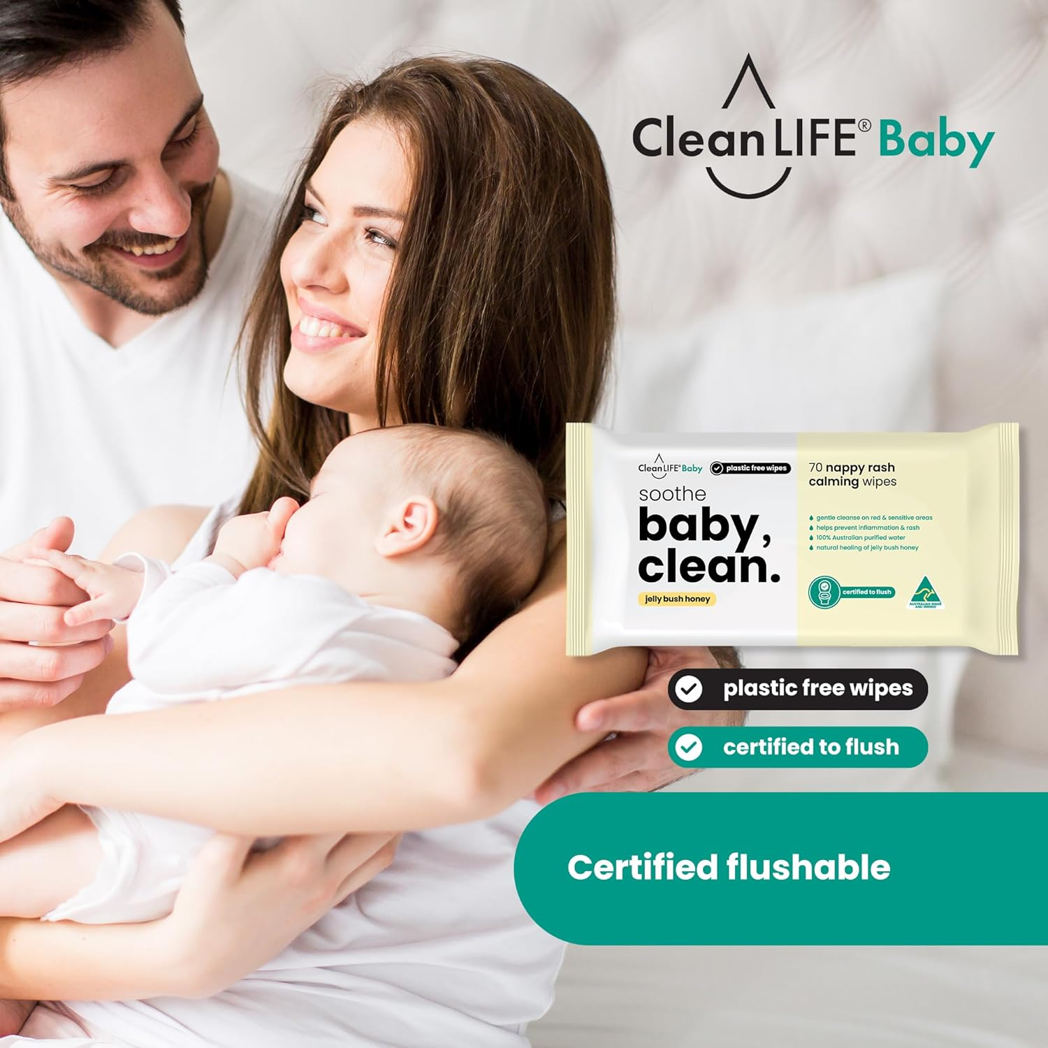 Cleanlife Baby Wipes Flushable &ndash; Jelly Bush Honey Soothes Nappy Rash, Sensitive Skin, Plant-Based, Biodegradable, 70 Wipes, 8-Packs image number 4