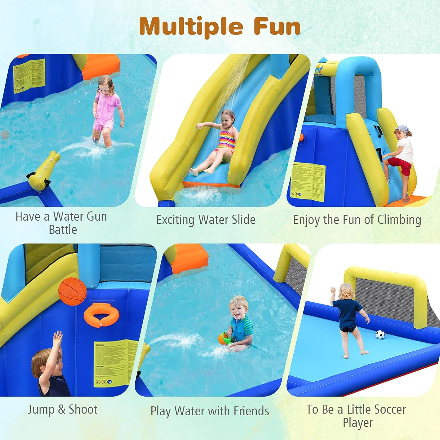 HONEY JOY Inflatable Water Slide for Kids, 6-In-1 Kids Giant Water Park W/Large Water Soccer Splash Pool, Water Cannons, Basketball Rim, Blow up Kids Water Slide for Backyard (With 680W Blower)