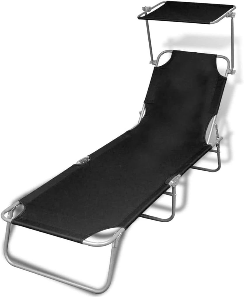 Vidaxl Adjustable Sun Lounger with Canopy&ndash; Foldable, Light, Steel and Polyester&ndash; Black