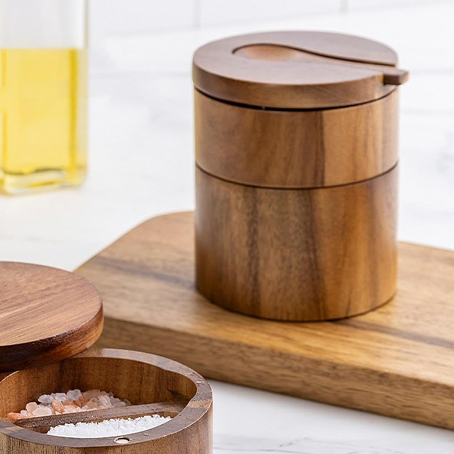 Salt Box | Acacia Wood Sea Storage Box | Double Layer, round Salt Pepper Box, Salt Cellar Bowl, Salt Keeper, Kitchen Salt Holder for Spices image number 3