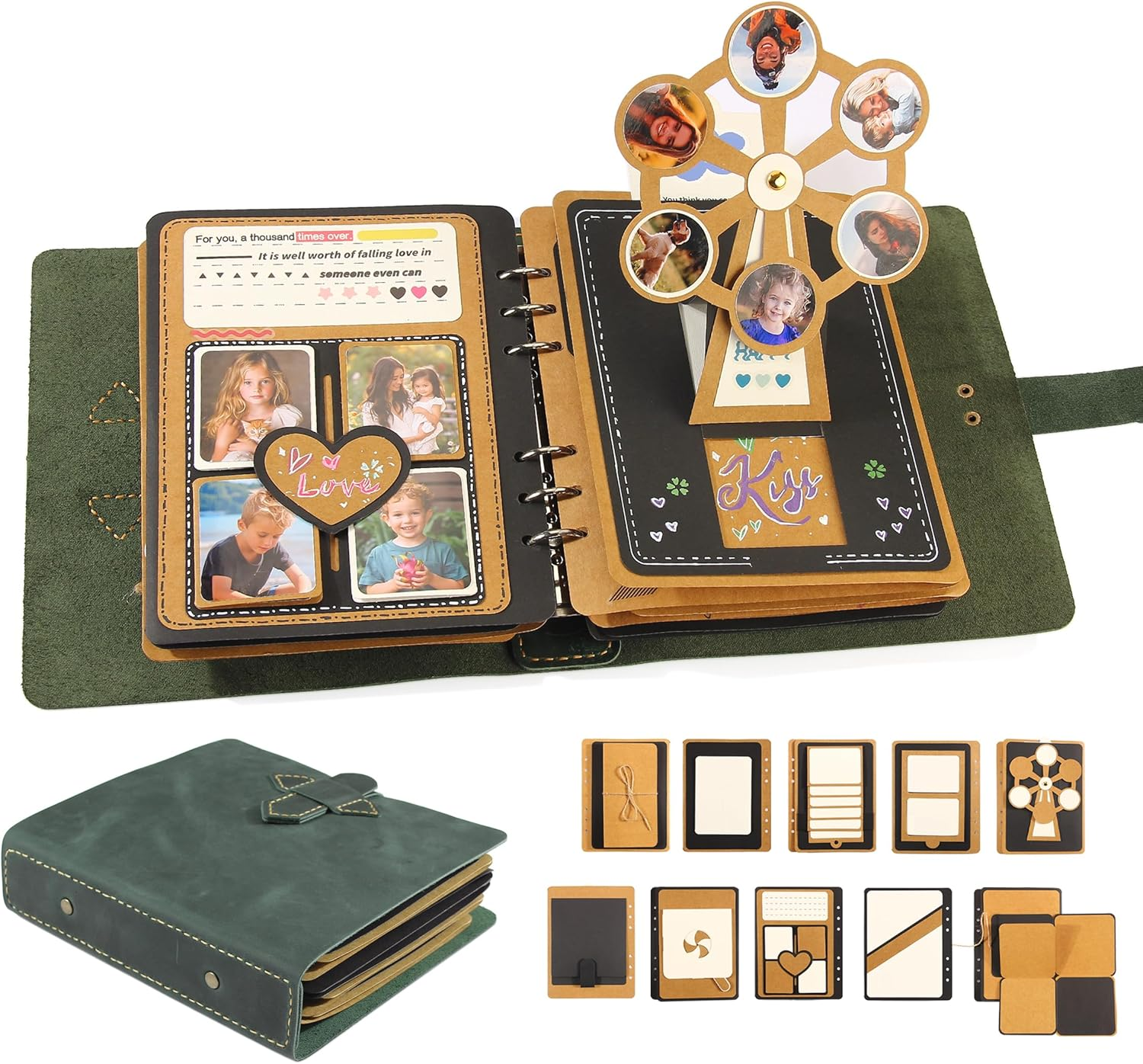 Handmade Genuine Leather Scrapbook Photo Album &ndash; DIY 3D Interactive Memory Book for Wedding, Baby, Family Photos (Travel, Anniversary, Birthday Gift)- Green