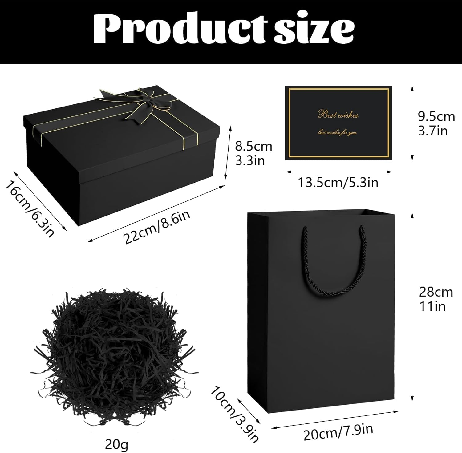 PQCLXUYA Black Gift Boxes,8.6" X 6.3" X 3.3" Gift Boxes with Lids,Luxury Gift Boxes,With Ribbon Bow, Gift Bags,Card and Shredded Paper Filler Family, Friends, Children or Clients (Black) - Black image number 4